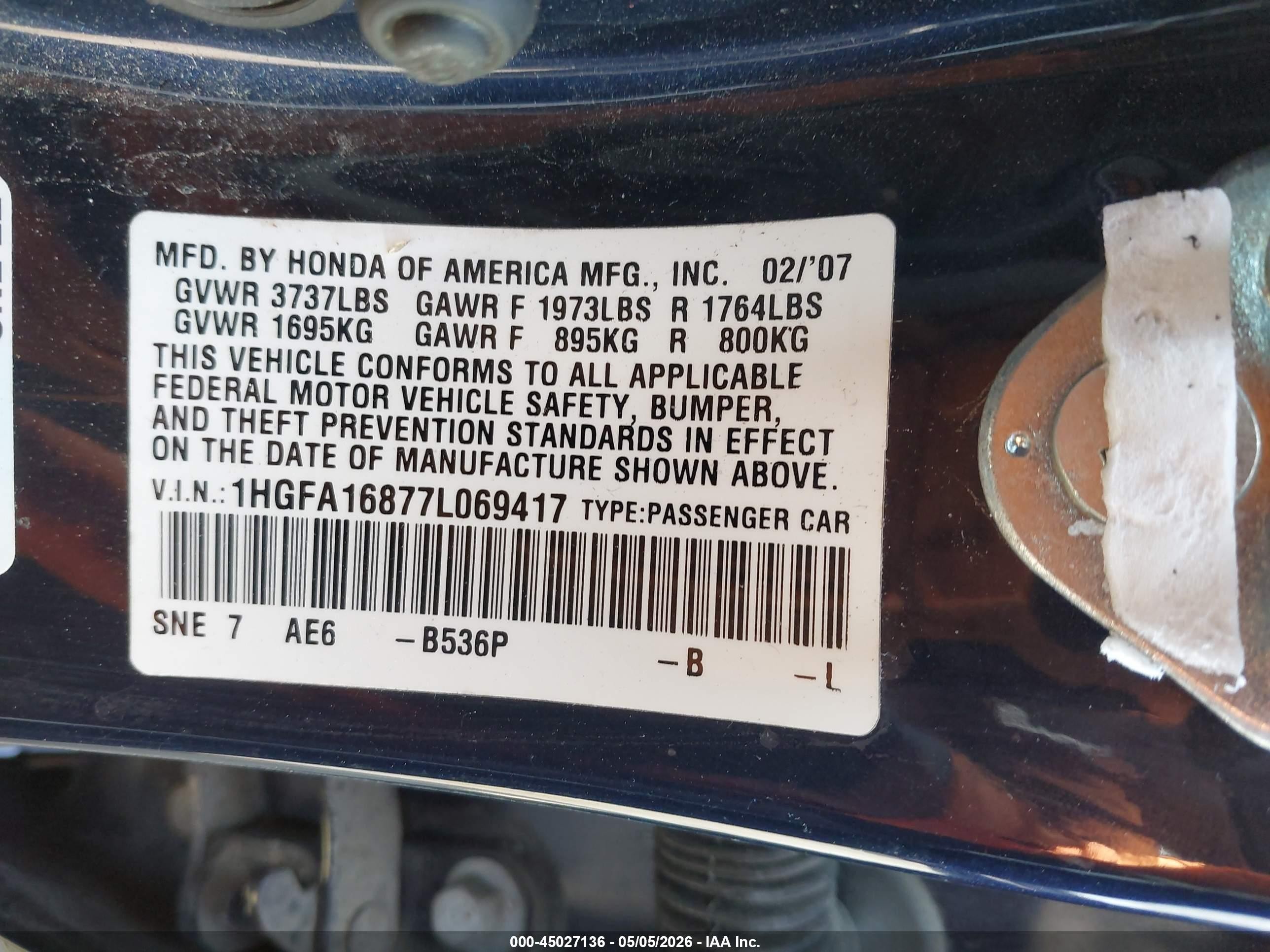 2007 Honda Civic Ex Blue vin: 1HGFA16877L069417