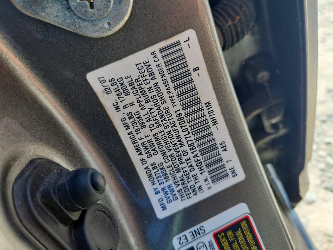 2007 Honda Civic Ex Gray vin: 1HGFA16877L070891