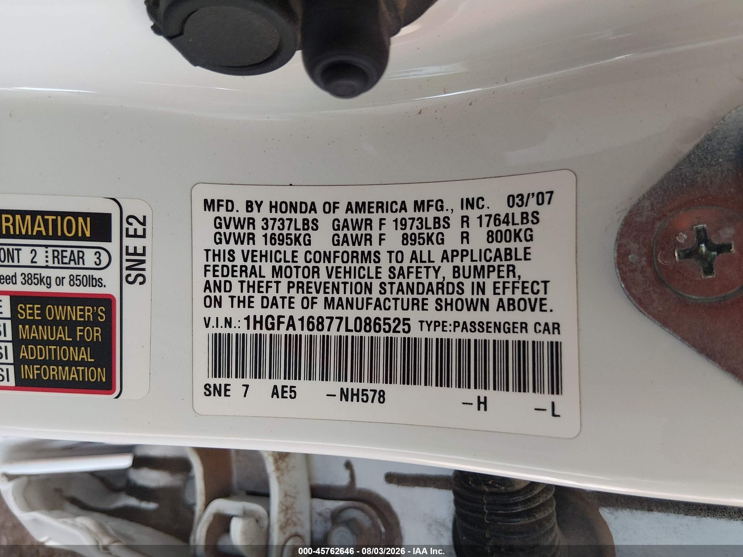 2007 Honda Civic Ex White vin: 1HGFA16877L086525