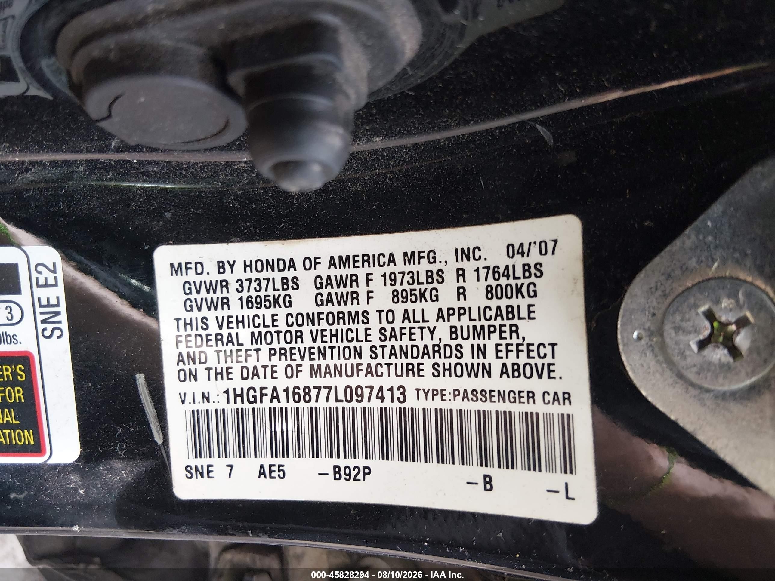 2007 Honda Civic Ex Black vin: 1HGFA16877L097413