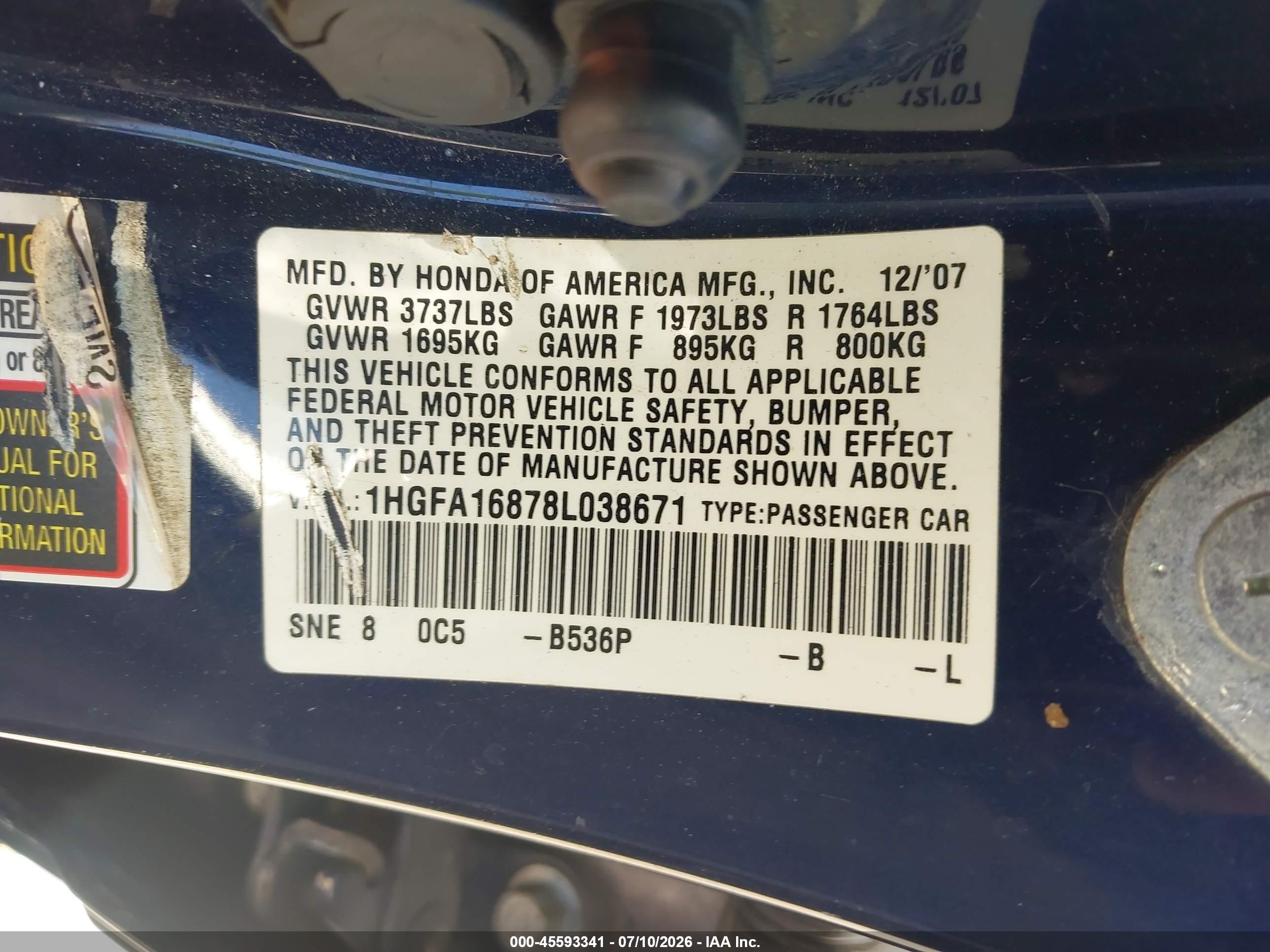 2008 Honda Civic Ex Blue vin: 1HGFA16878L038671