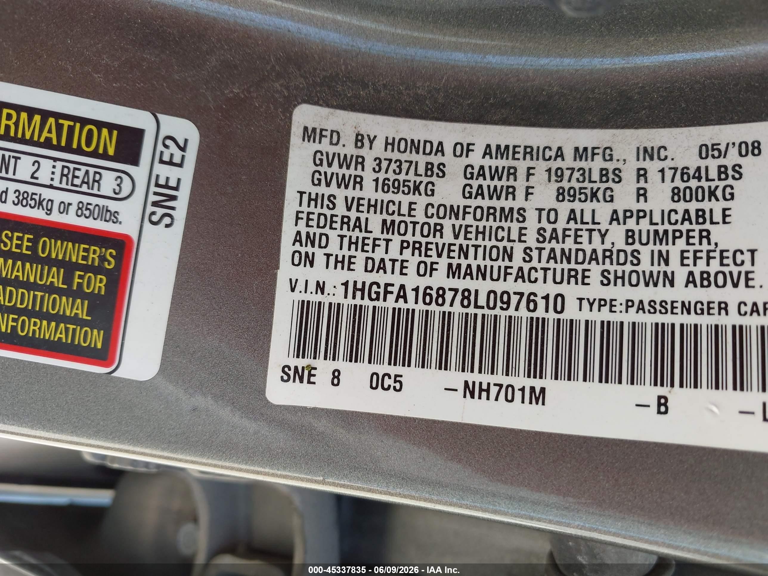 2008 Honda Civic Ex Silver vin: 1HGFA16878L097610