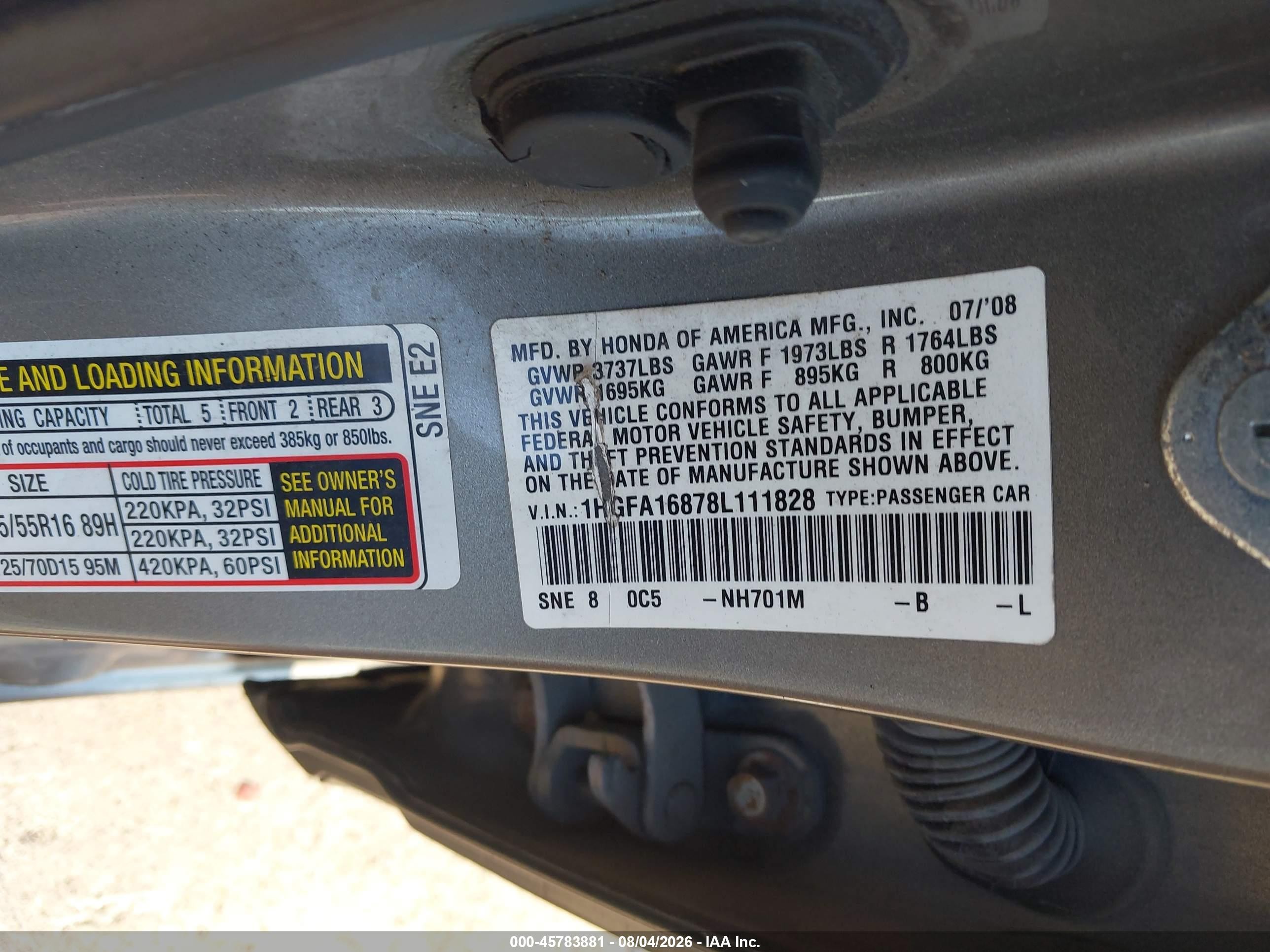 2008 Honda Civic Ex Серый vin: 1HGFA16878L111828