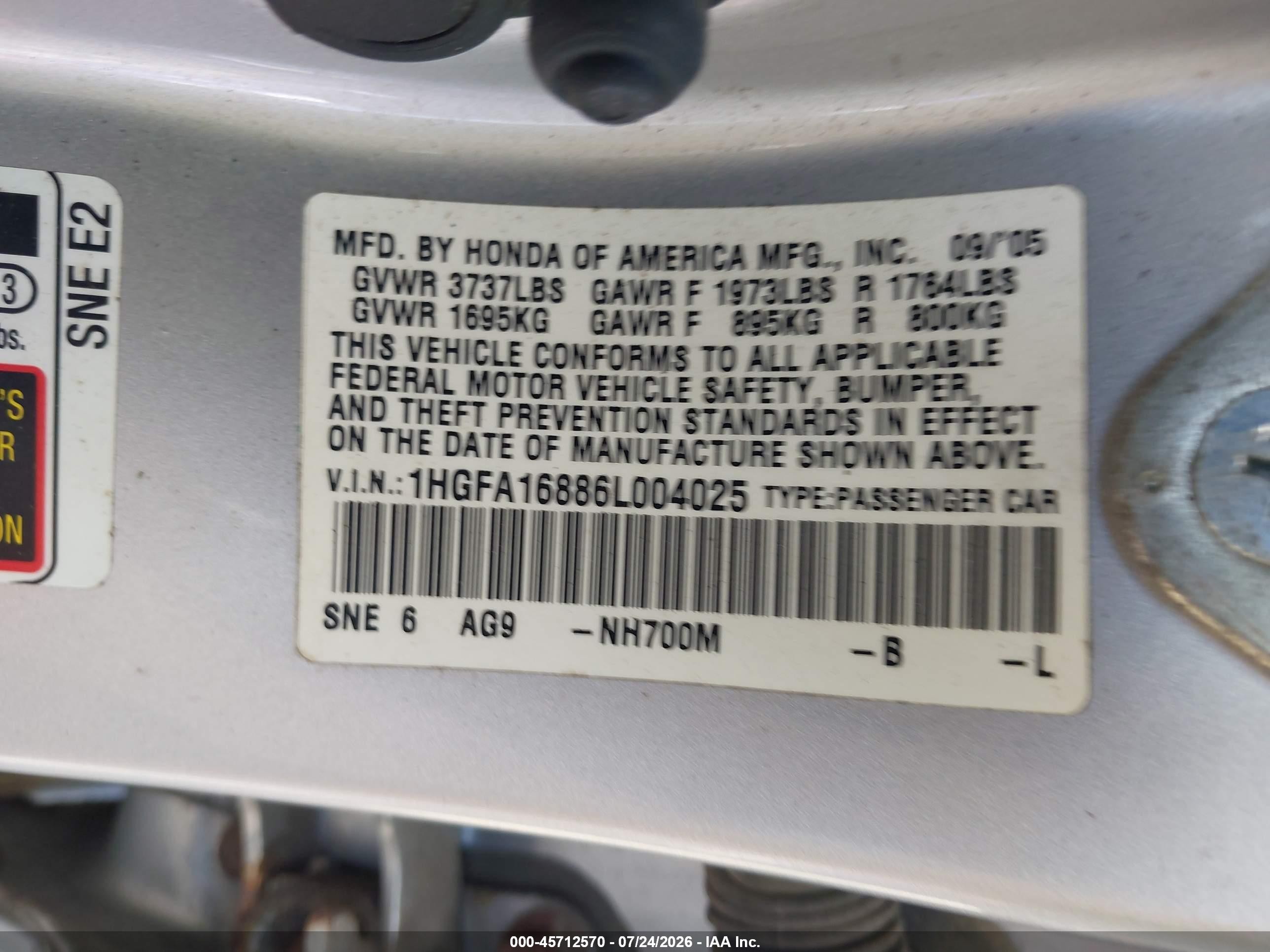 2006 Honda Civic Ex Silver vin: 1HGFA16886L004025
