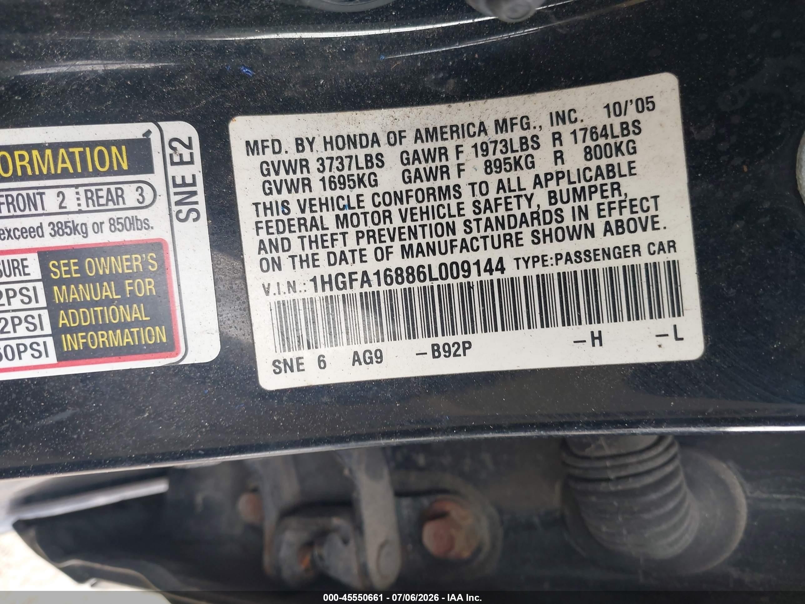 2006 Honda Civic Ex Black vin: 1HGFA16886L009144