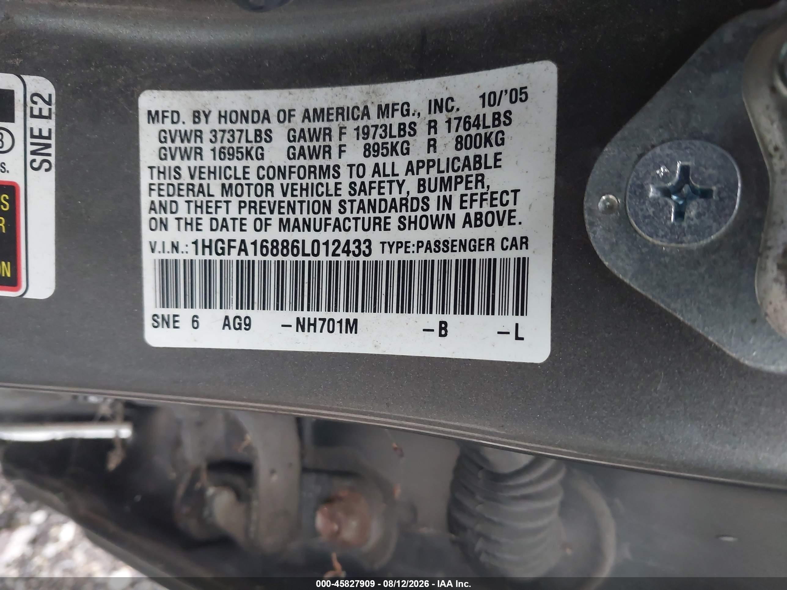 2006 Honda Civic Ex Tan vin: 1HGFA16886L012433