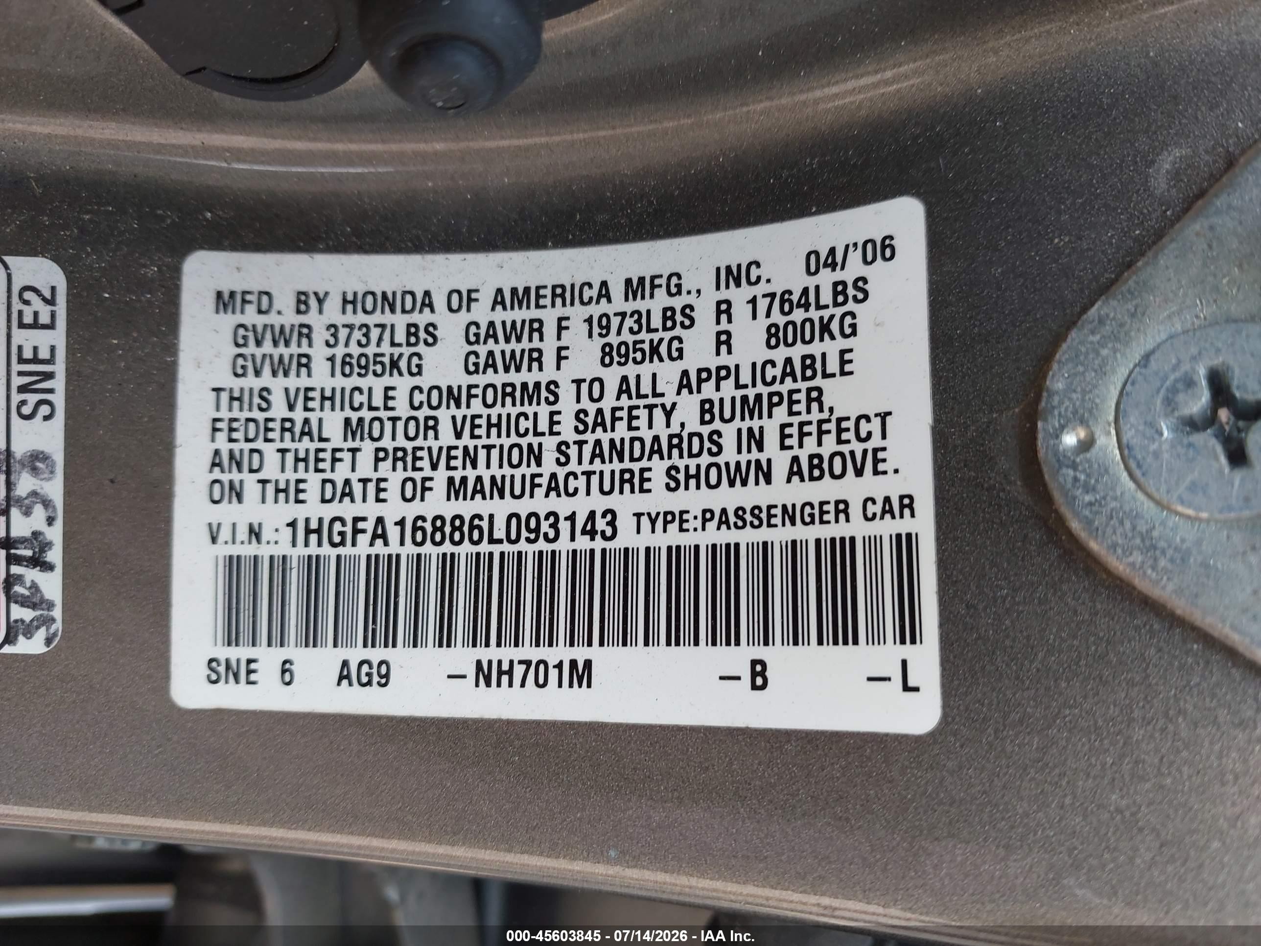2006 Honda Civic Ex Gray vin: 1HGFA16886L093143