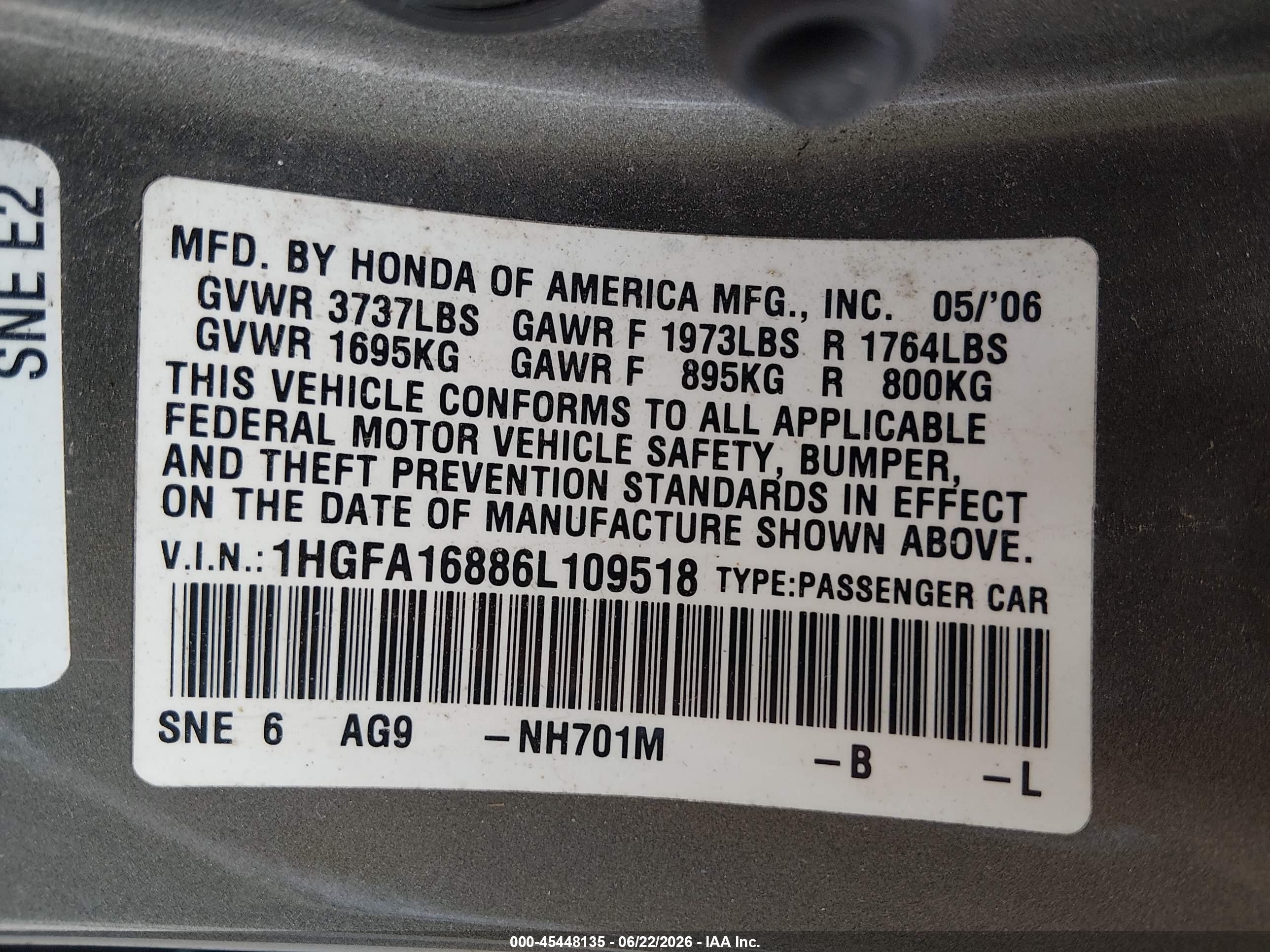2006 Honda Civic Ex Gold vin: 1HGFA16886L109518