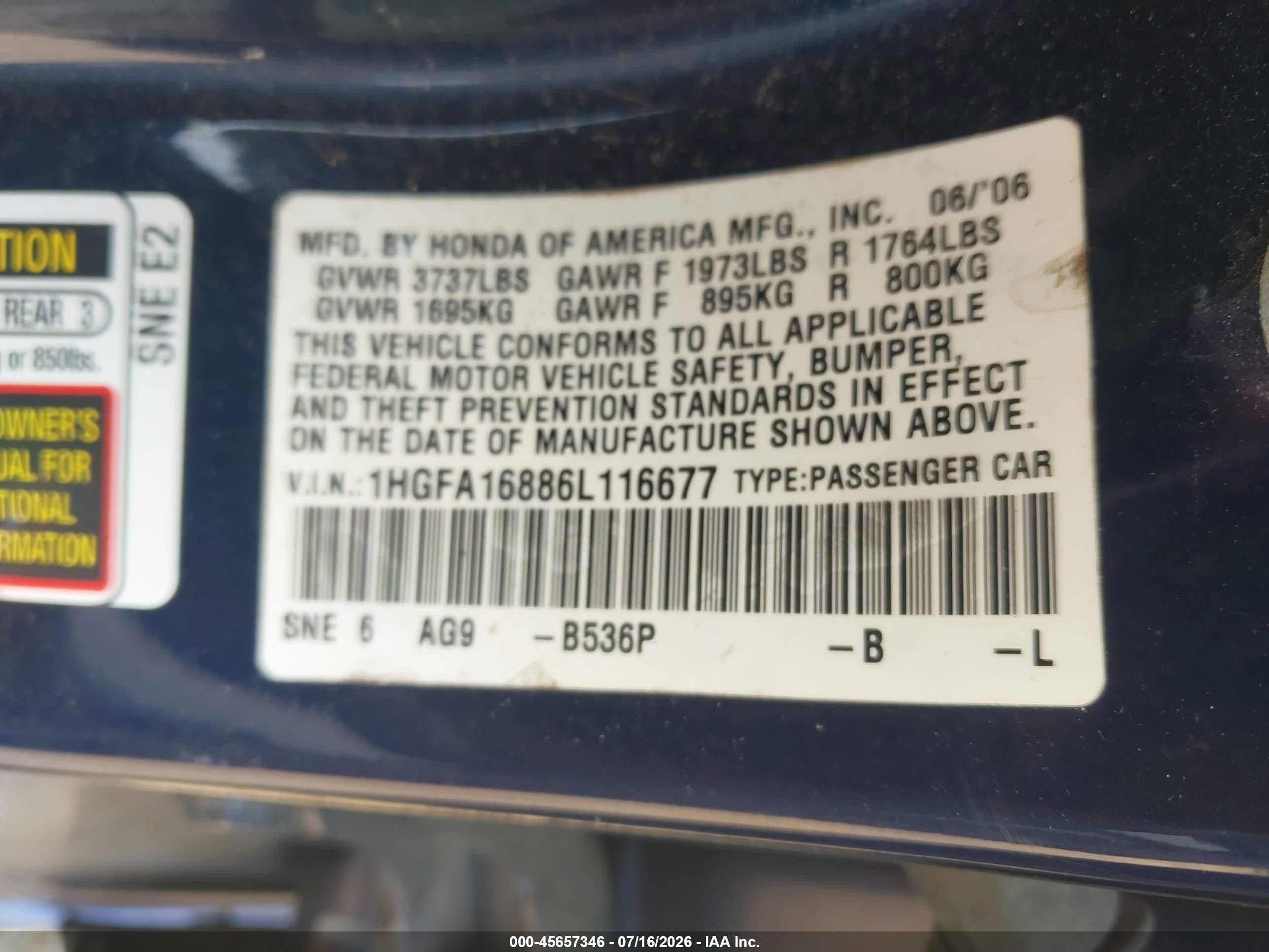 2006 Honda Civic Ex Dark Blue vin: 1HGFA16886L116677