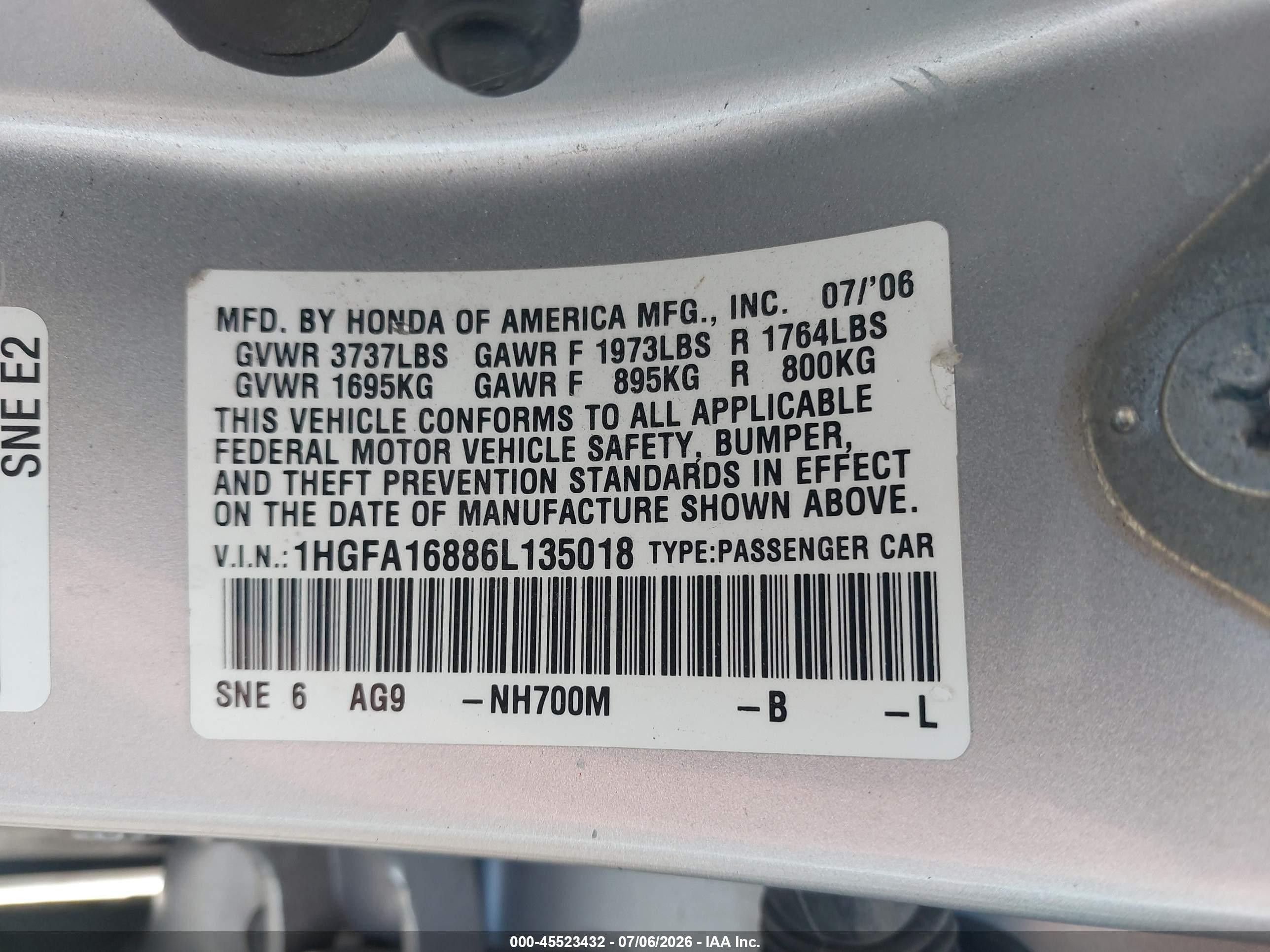 2006 Honda Civic Ex Серебряный vin: 1HGFA16886L135018
