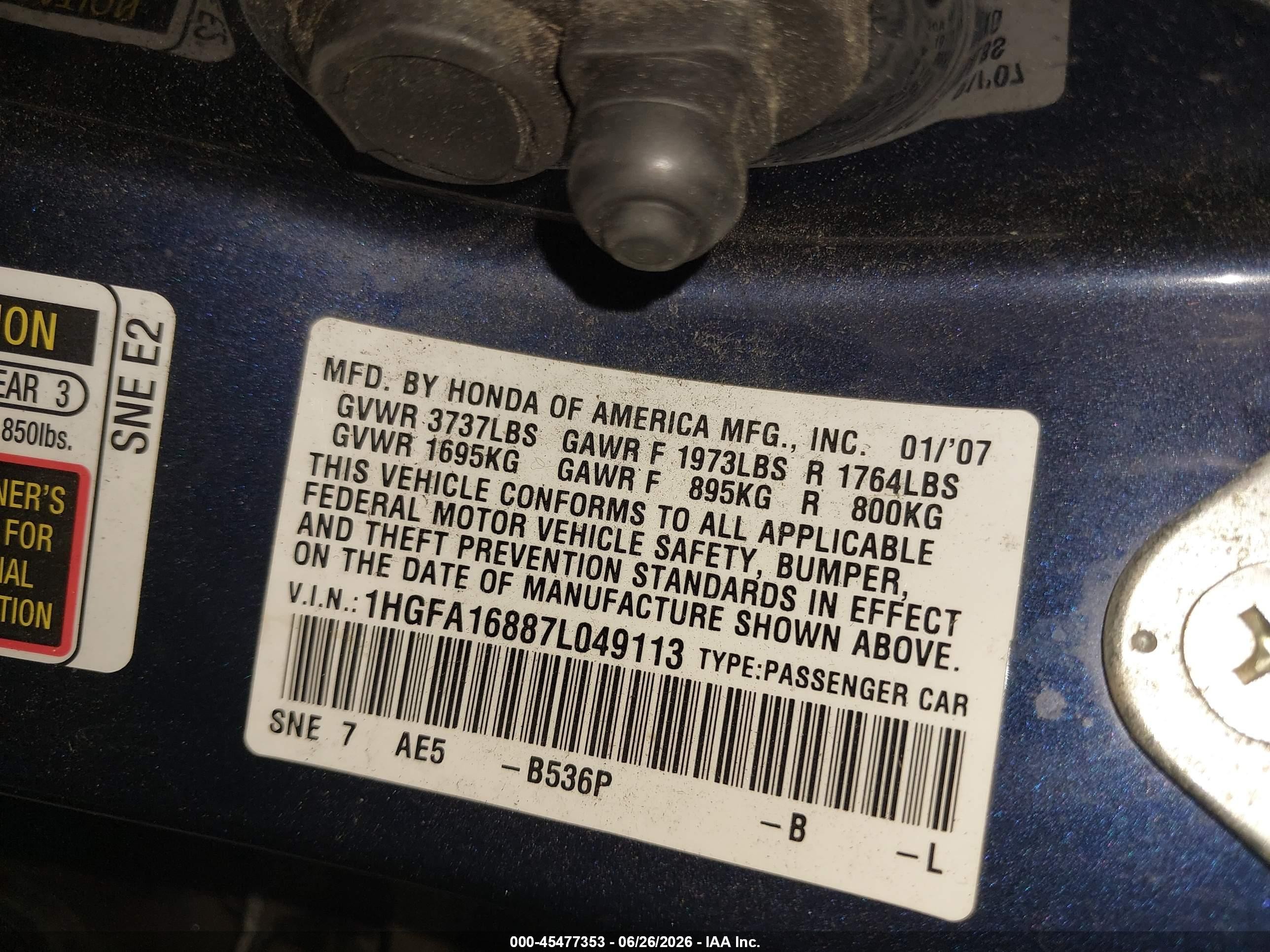 2007 Honda Civic Ex Blue vin: 1HGFA16887L049113