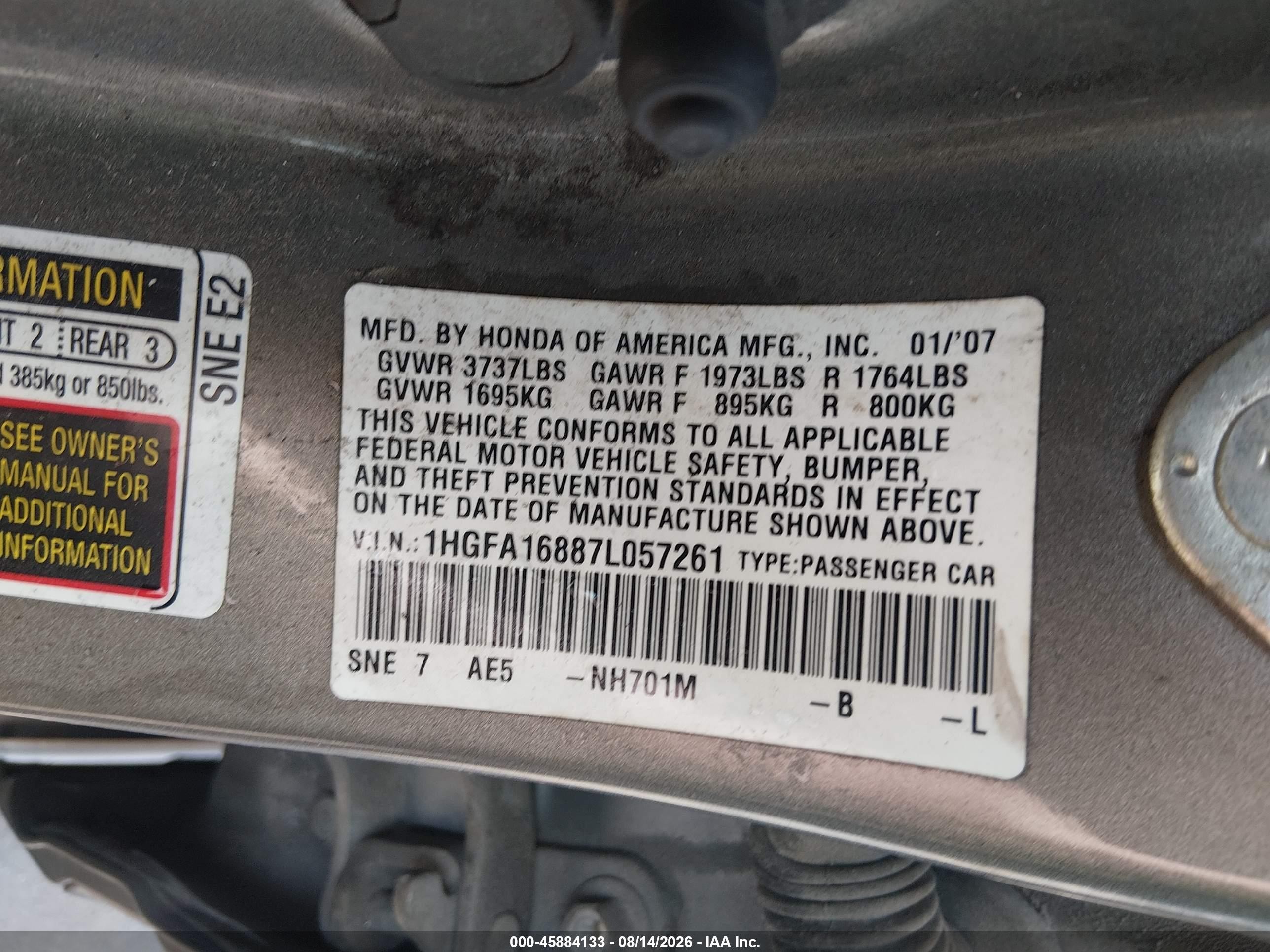 2007 Honda Civic Ex Pewter vin: 1HGFA16887L057261