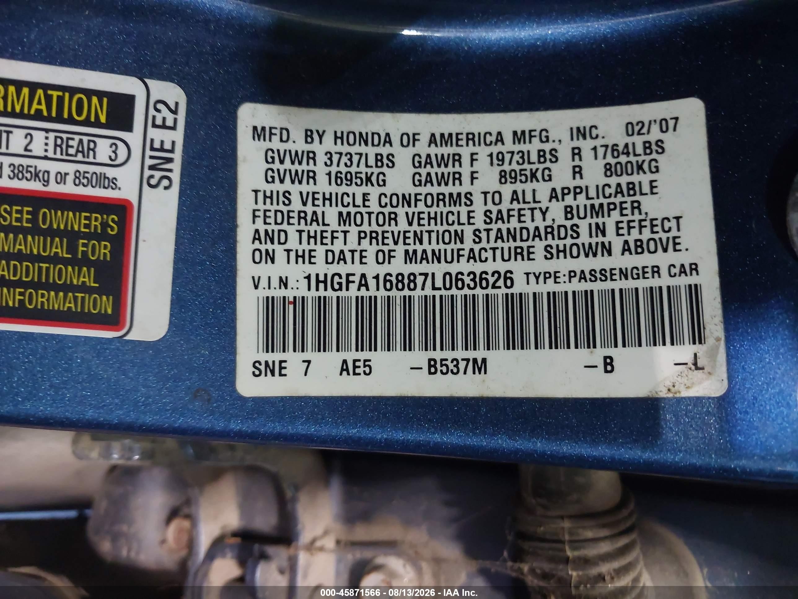 2007 Honda Civic Ex Blue vin: 1HGFA16887L063626