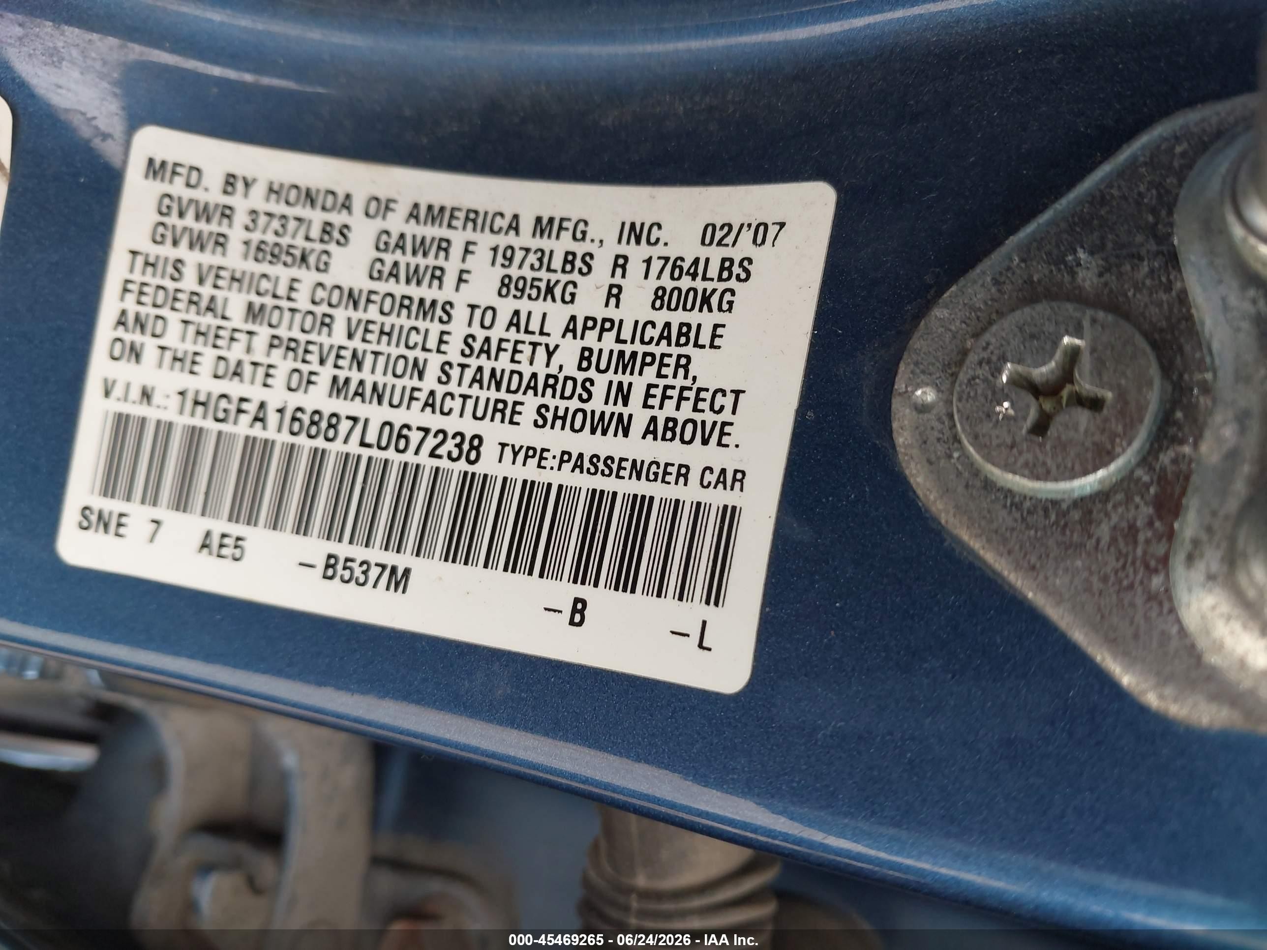 2007 Honda Civic Ex Blue vin: 1HGFA16887L067238