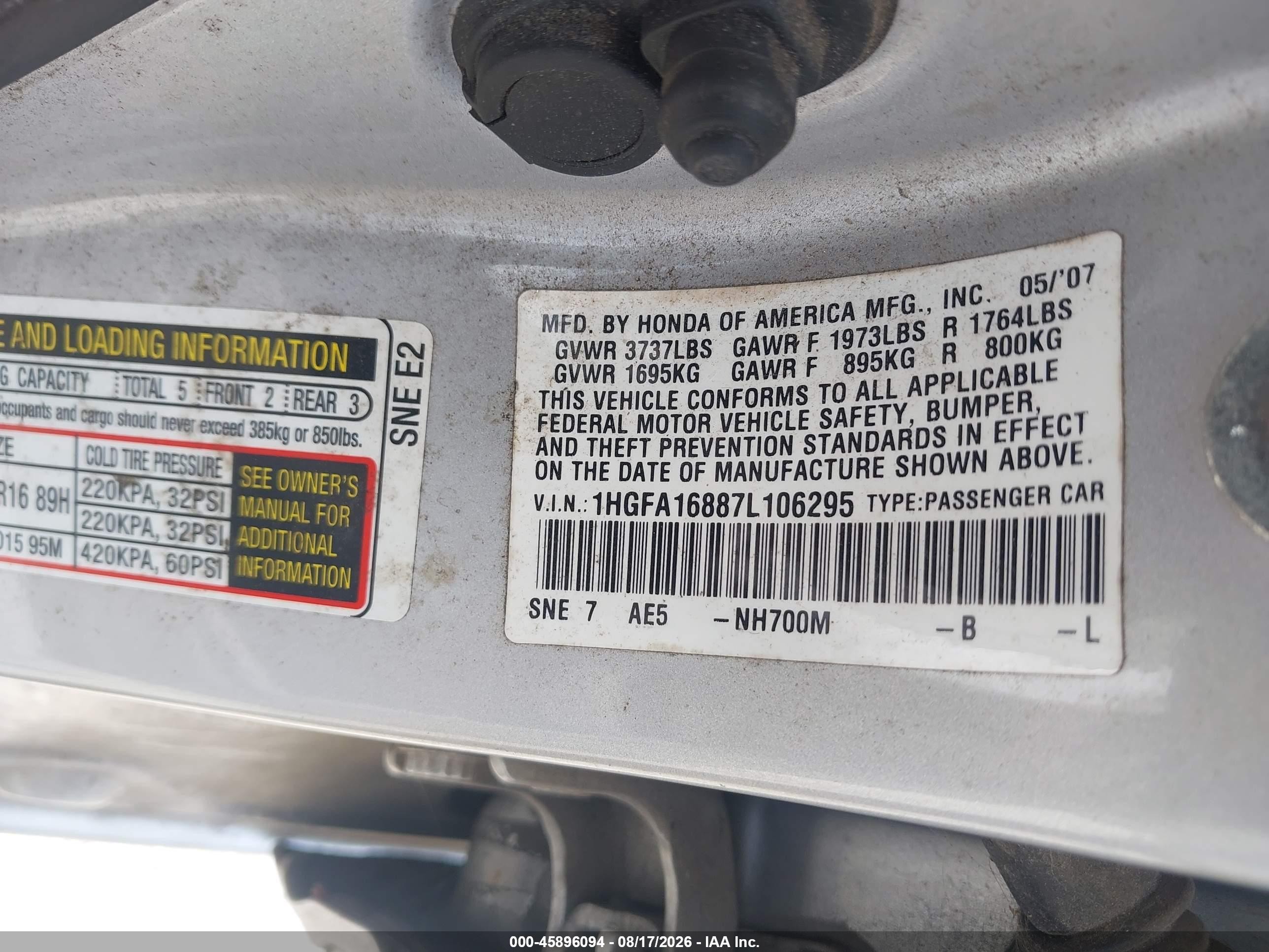 2007 Honda Civic Ex Silver vin: 1HGFA16887L106295
