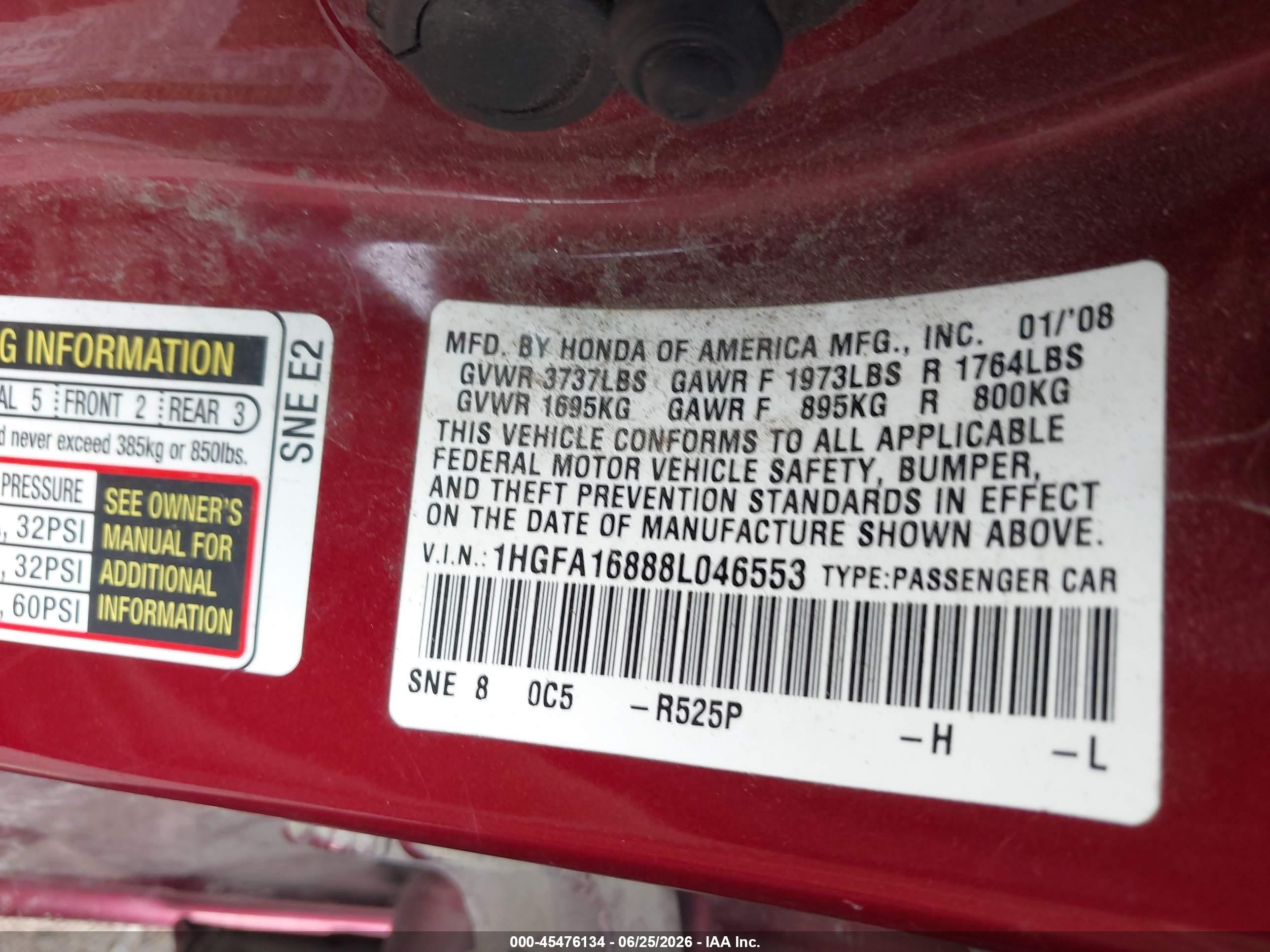 2008 Honda Civic Ex Красный vin: 1HGFA16888L046553