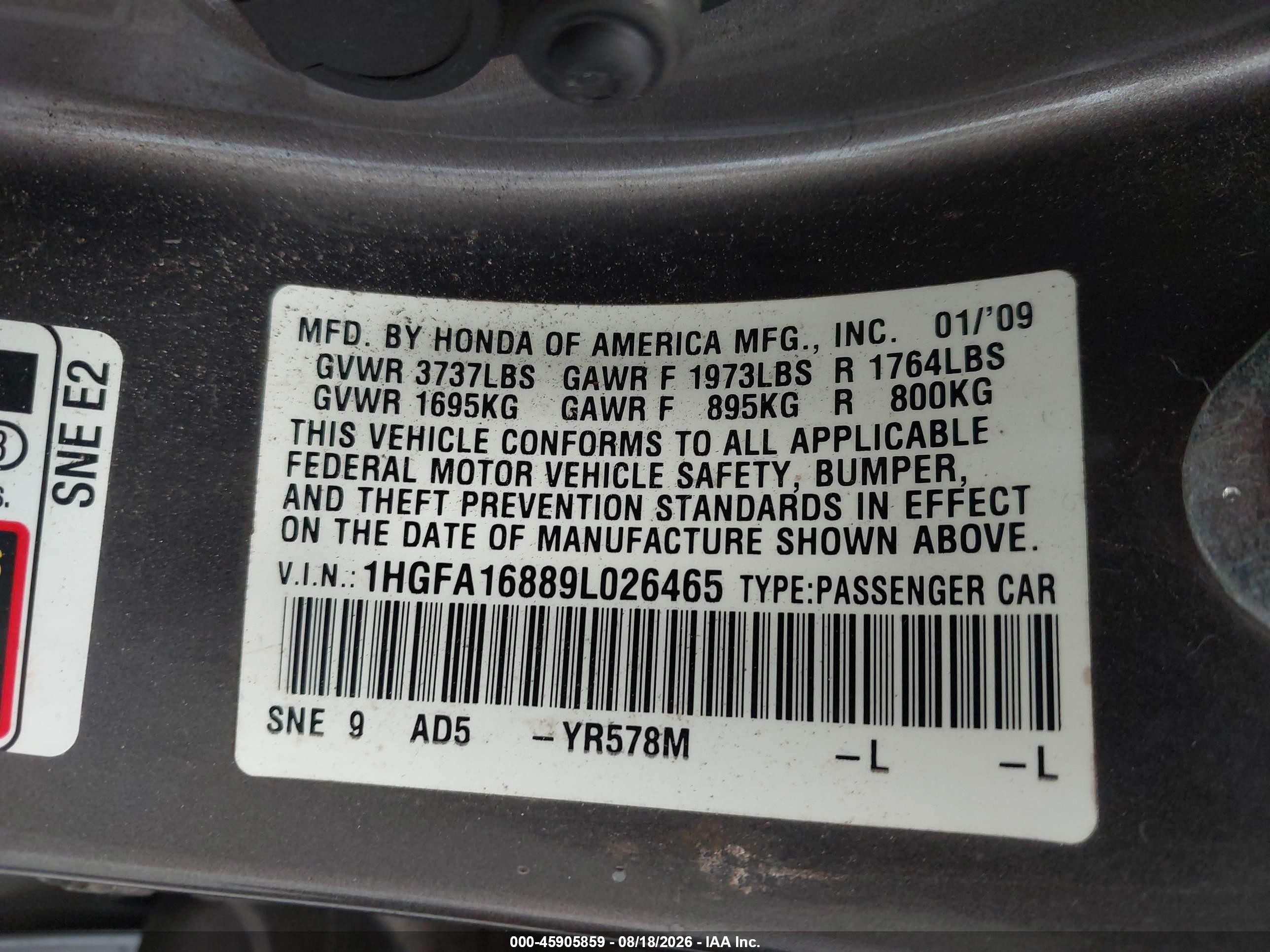 2009 Honda Civic Ex Gray vin: 1HGFA16889L026465
