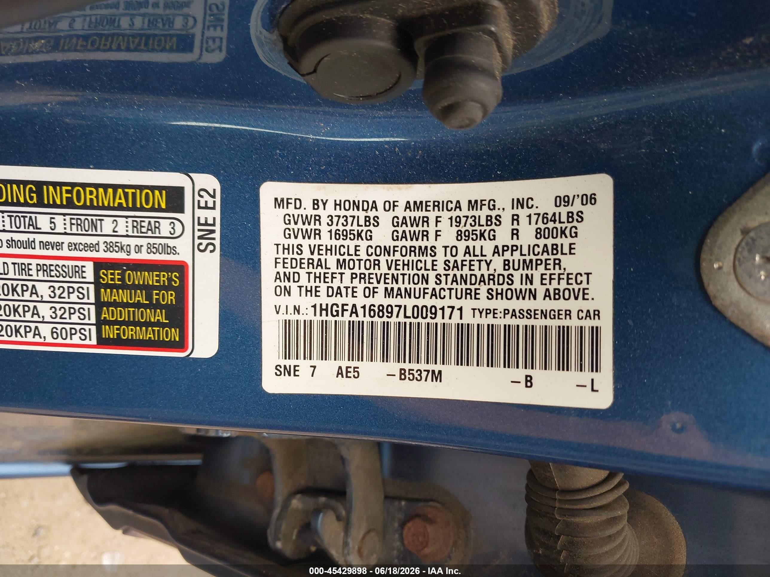 2007 Honda Civic Ex Blue vin: 1HGFA16897L009171