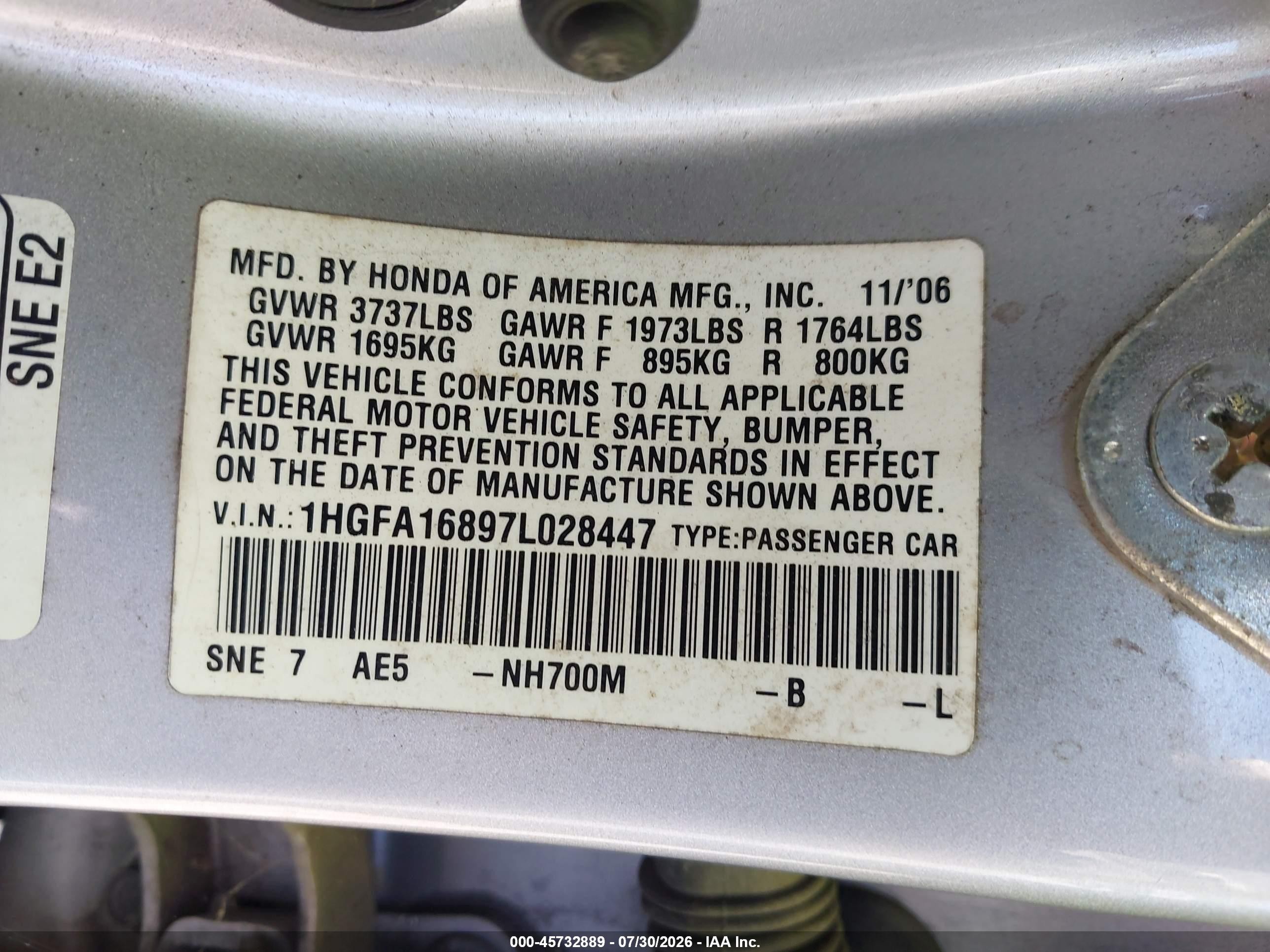 2007 Honda Civic Ex Silver vin: 1HGFA16897L028447
