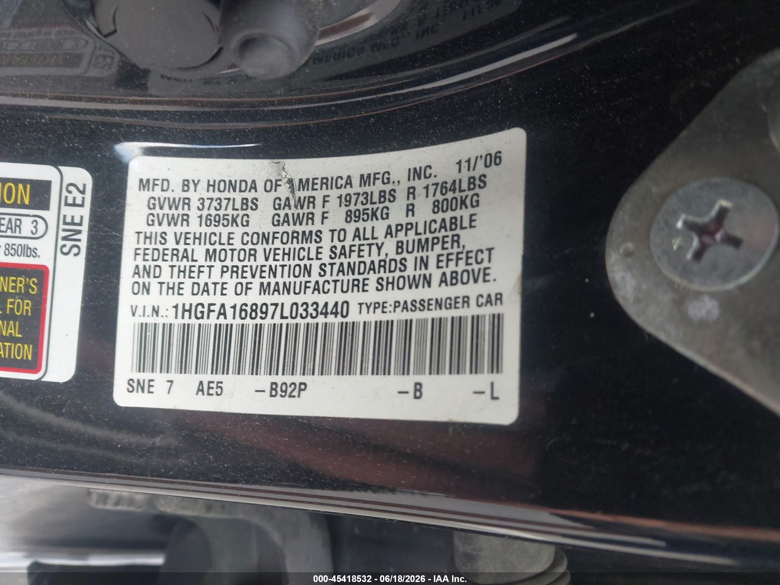 2007 Honda Civic Ex Black vin: 1HGFA16897L033440