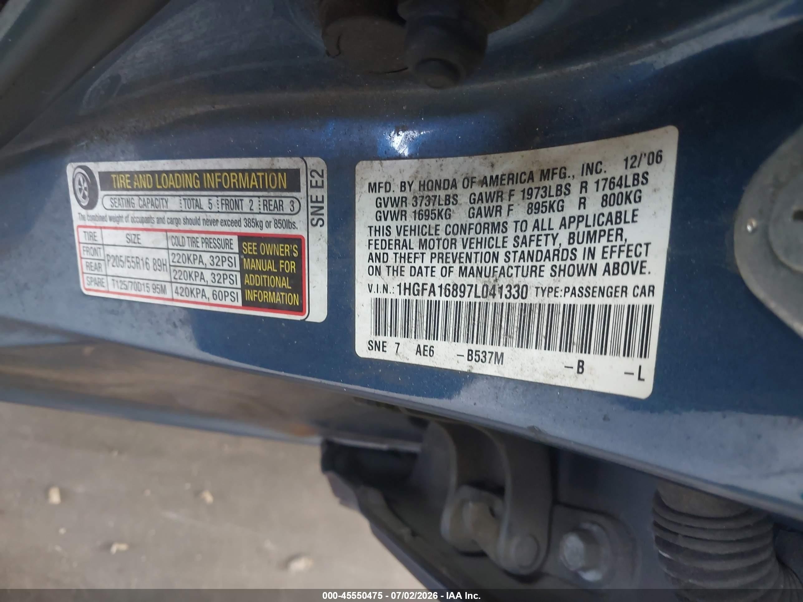 2007 Honda Civic Ex Blue vin: 1HGFA16897L041330