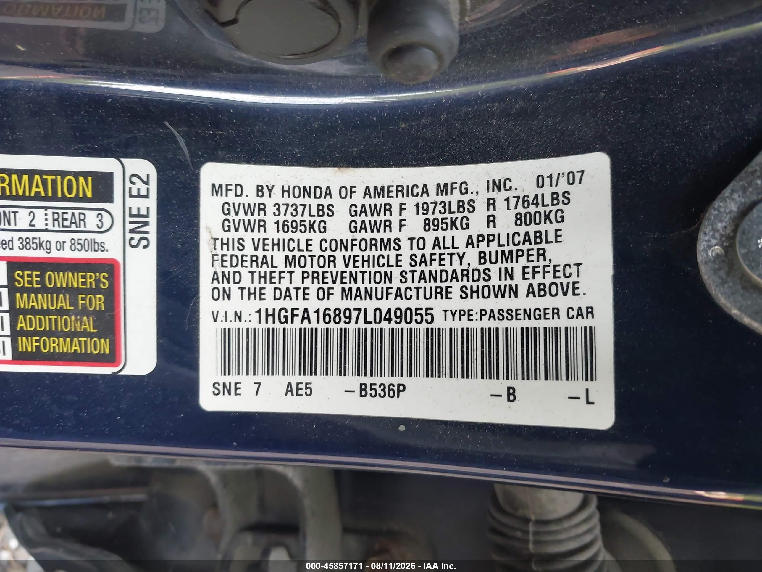 2007 Honda Civic Ex Blue vin: 1HGFA16897L049055