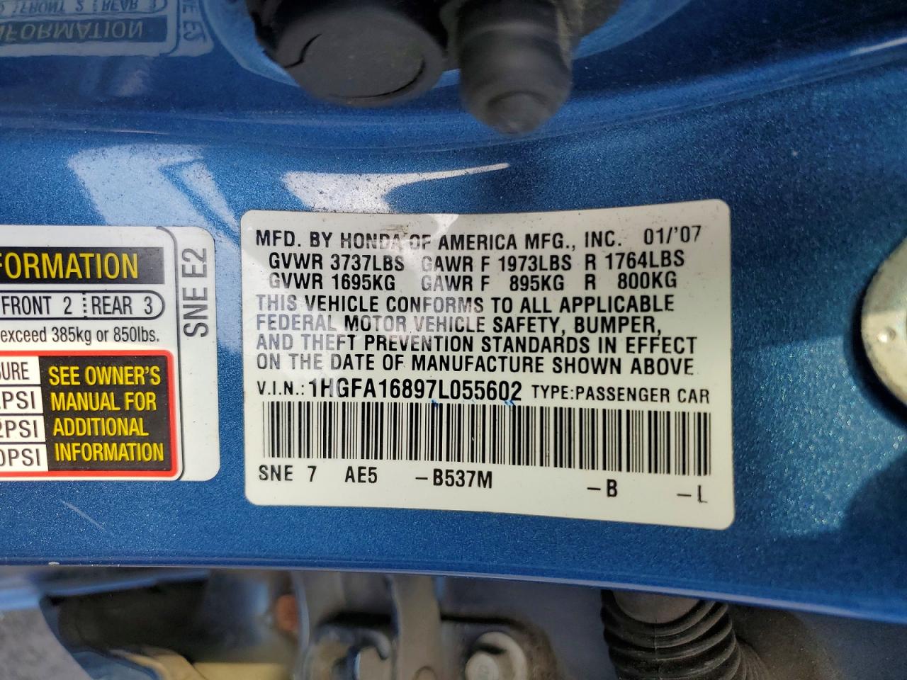 2007 Honda Civic Ex Blue vin: 1HGFA16897L055602