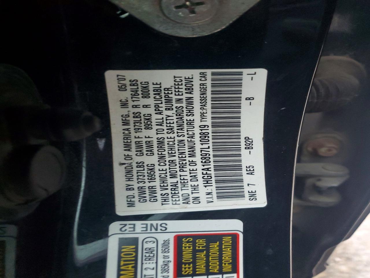 2007 Honda Civic Ex Black vin: 1HGFA16897L109819