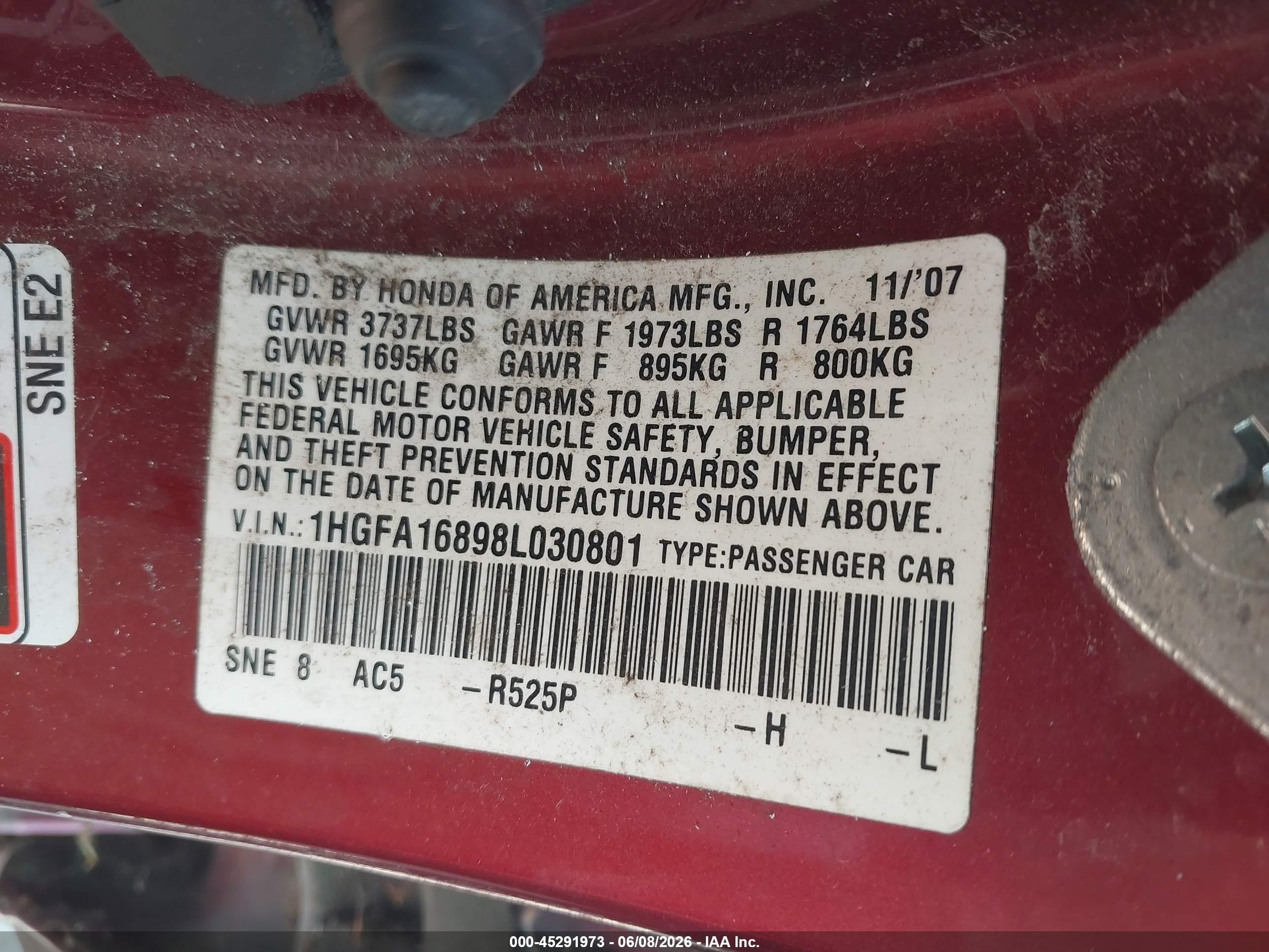 2008 Honda Civic Ex Red vin: 1HGFA16898L030801