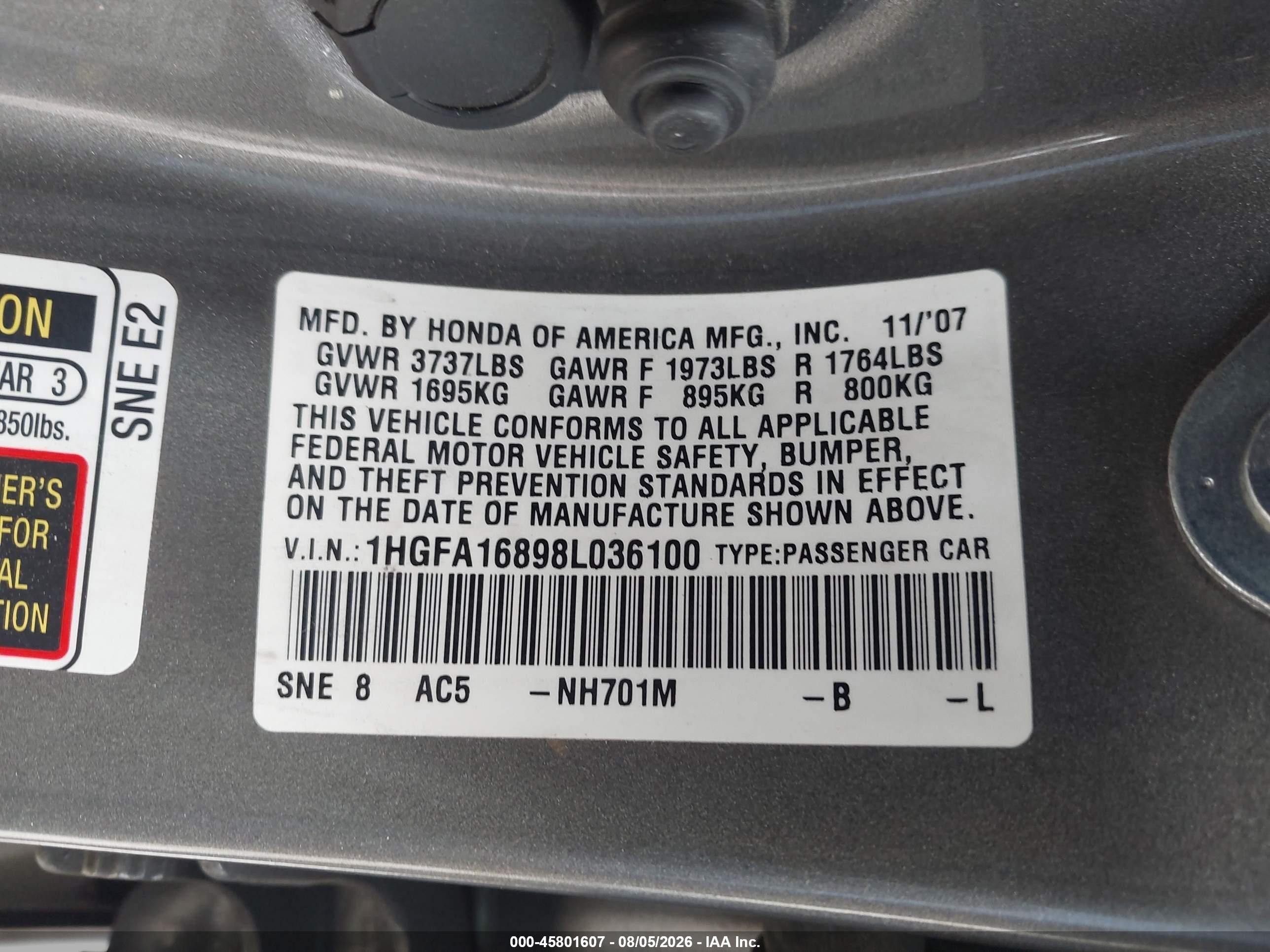 2008 Honda Civic Ex Gray vin: 1HGFA16898L036100