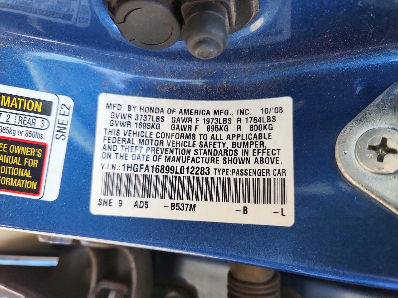 2009 Honda Civic Ex Blue vin: 1HGFA16899L012283