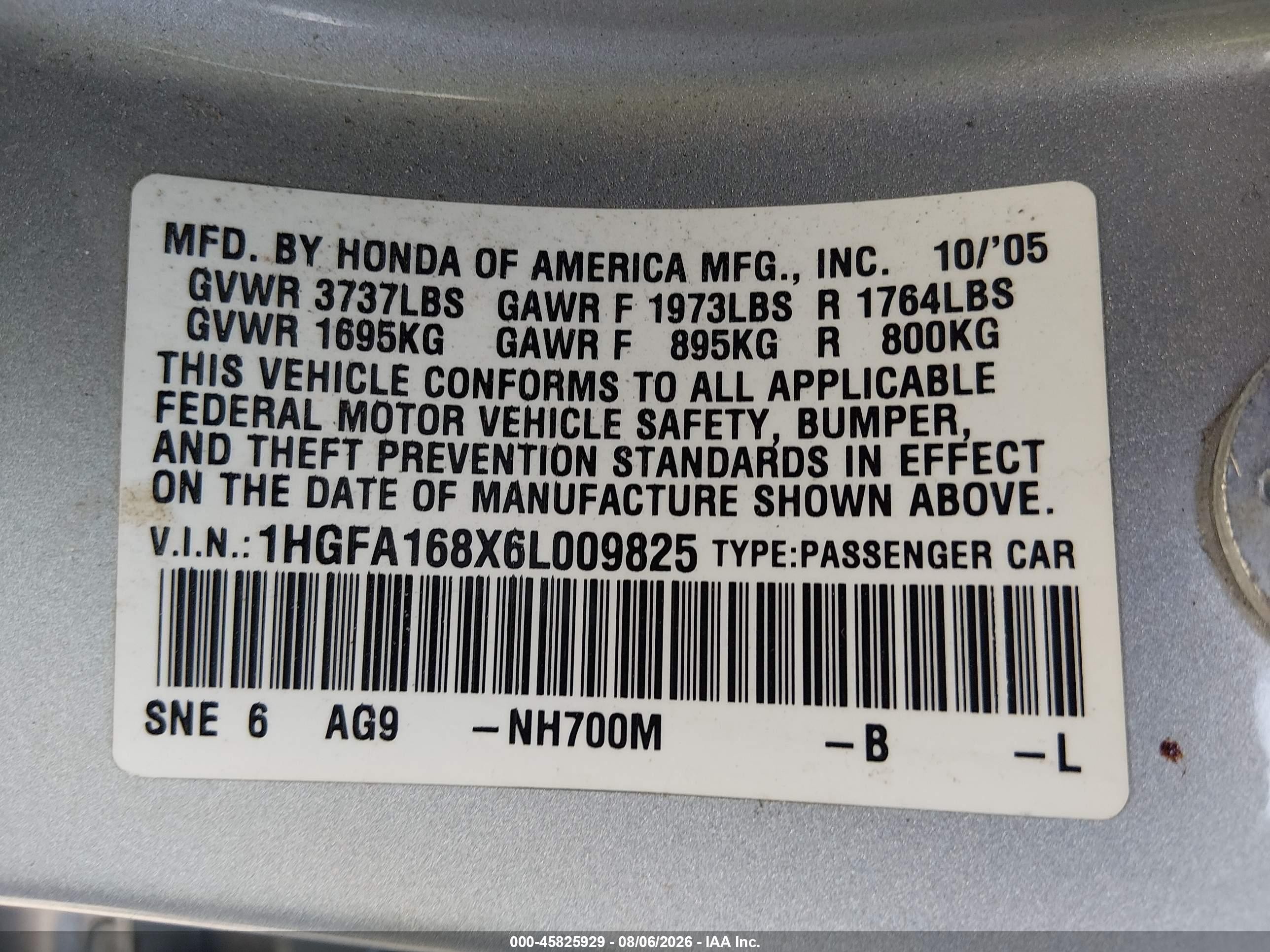 2006 Honda Civic Ex Silver vin: 1HGFA168X6L009825