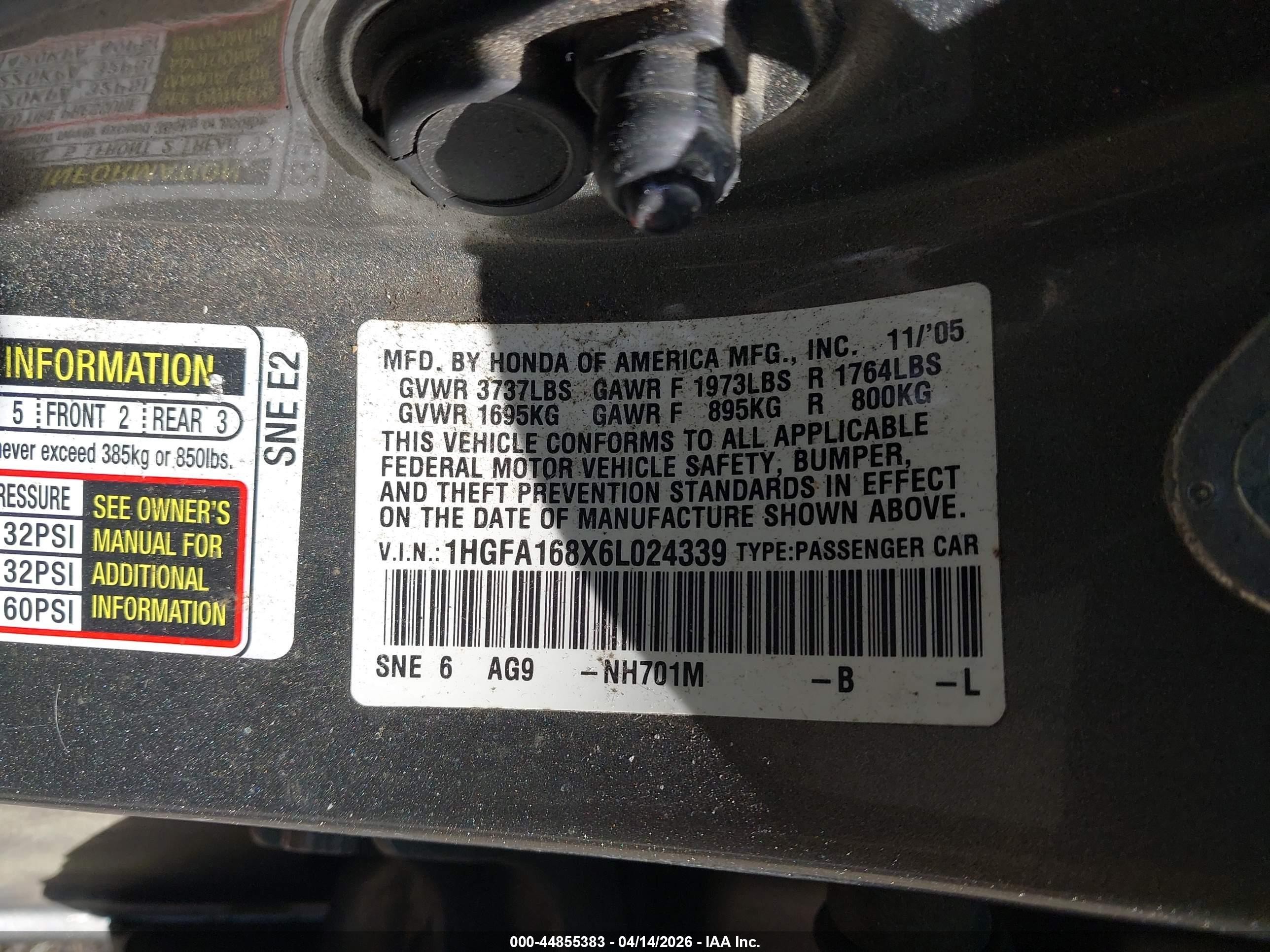 2006 Honda Civic Ex Gray vin: 1HGFA168X6L024339