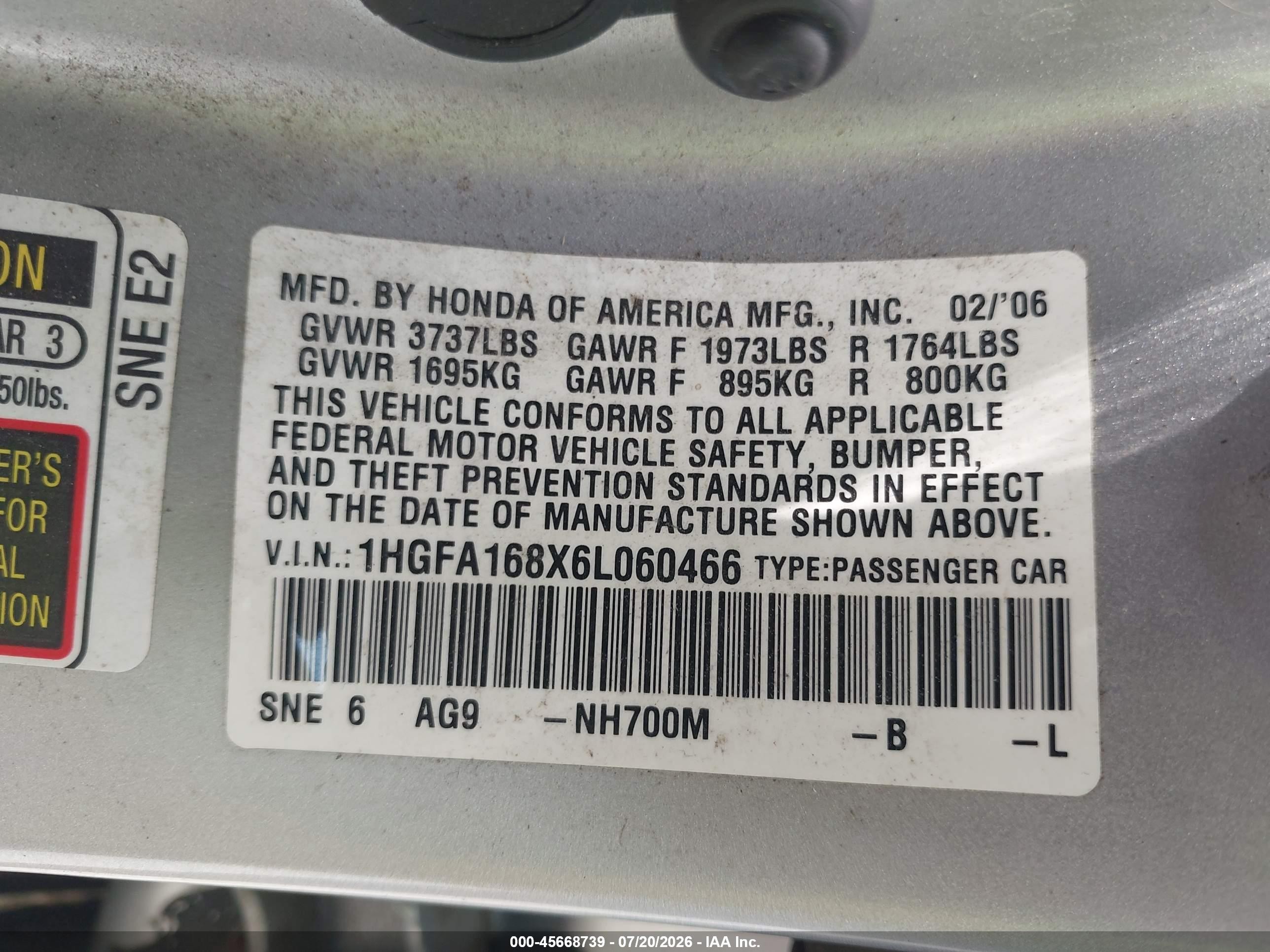 2006 Honda Civic Ex Серебряный vin: 1HGFA168X6L060466