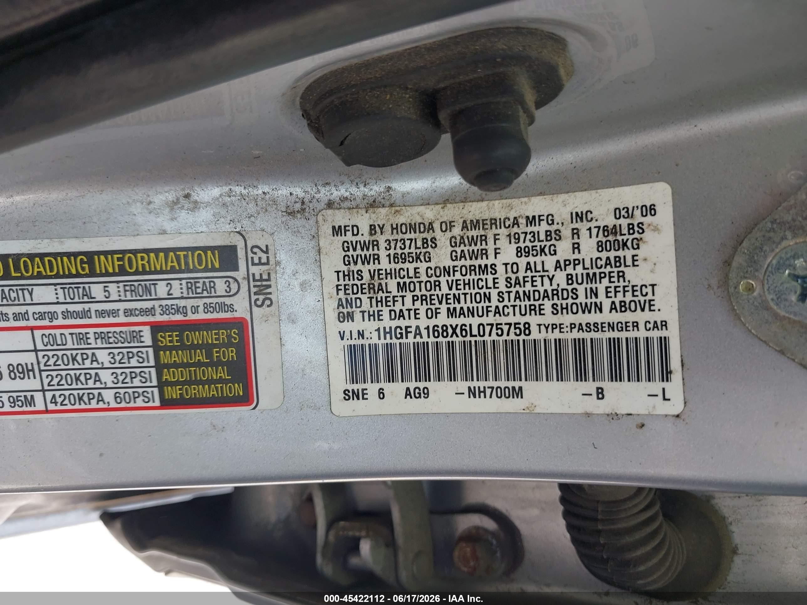 2006 Honda Civic Ex Silver vin: 1HGFA168X6L075758