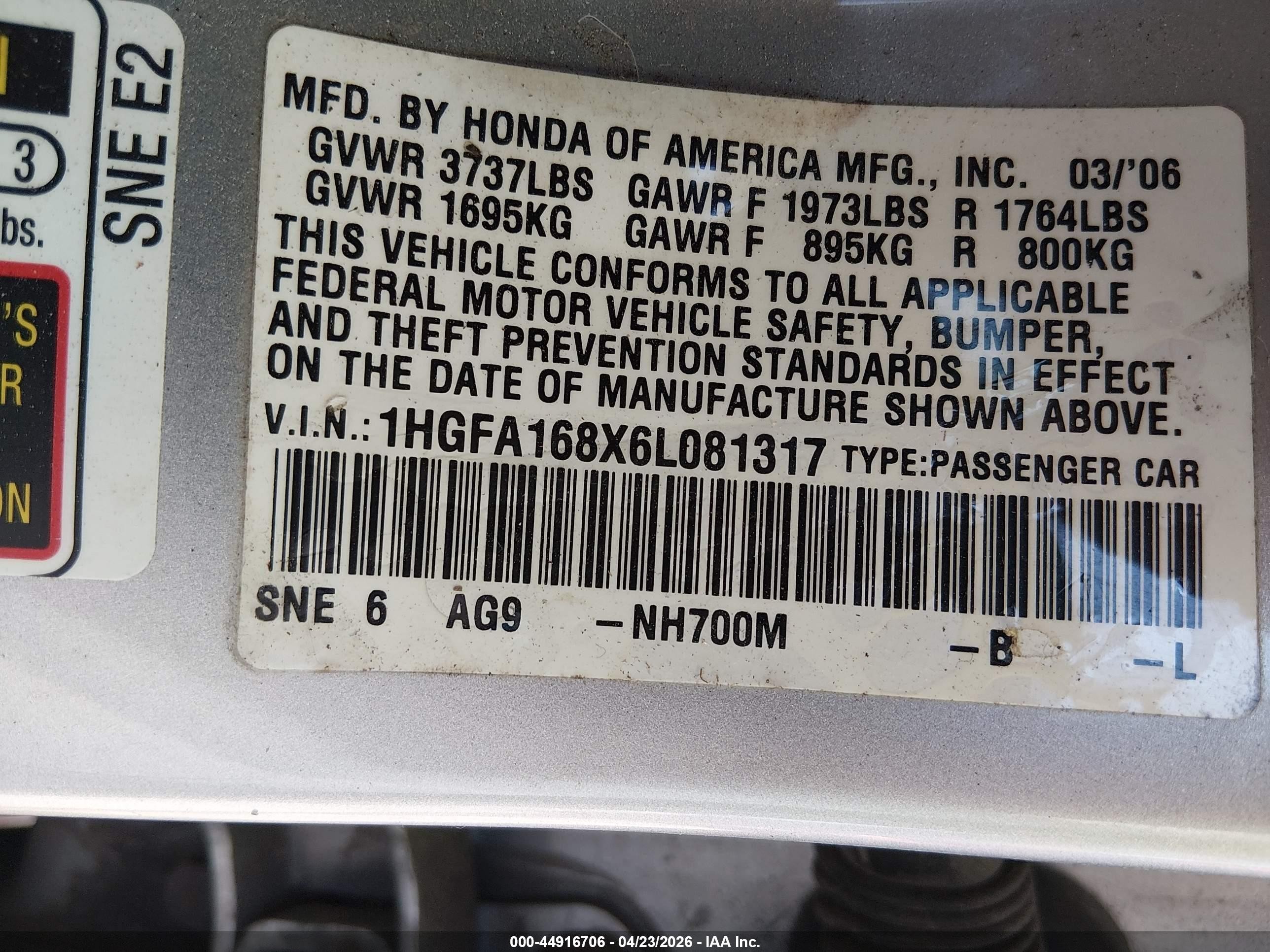 2006 Honda Civic Ex Silver vin: 1HGFA168X6L081317