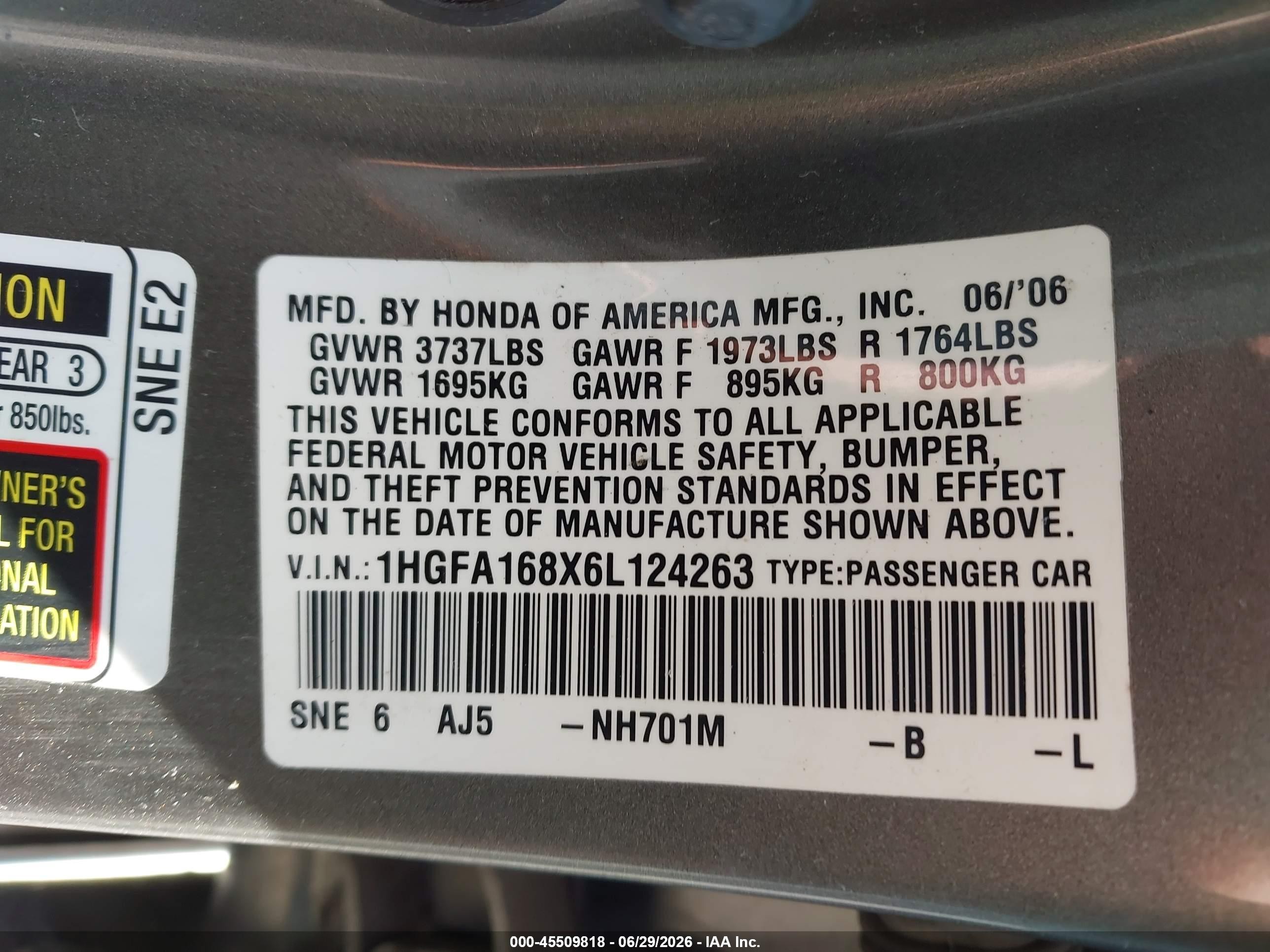 2006 Honda Civic Ex Серый vin: 1HGFA168X6L124263