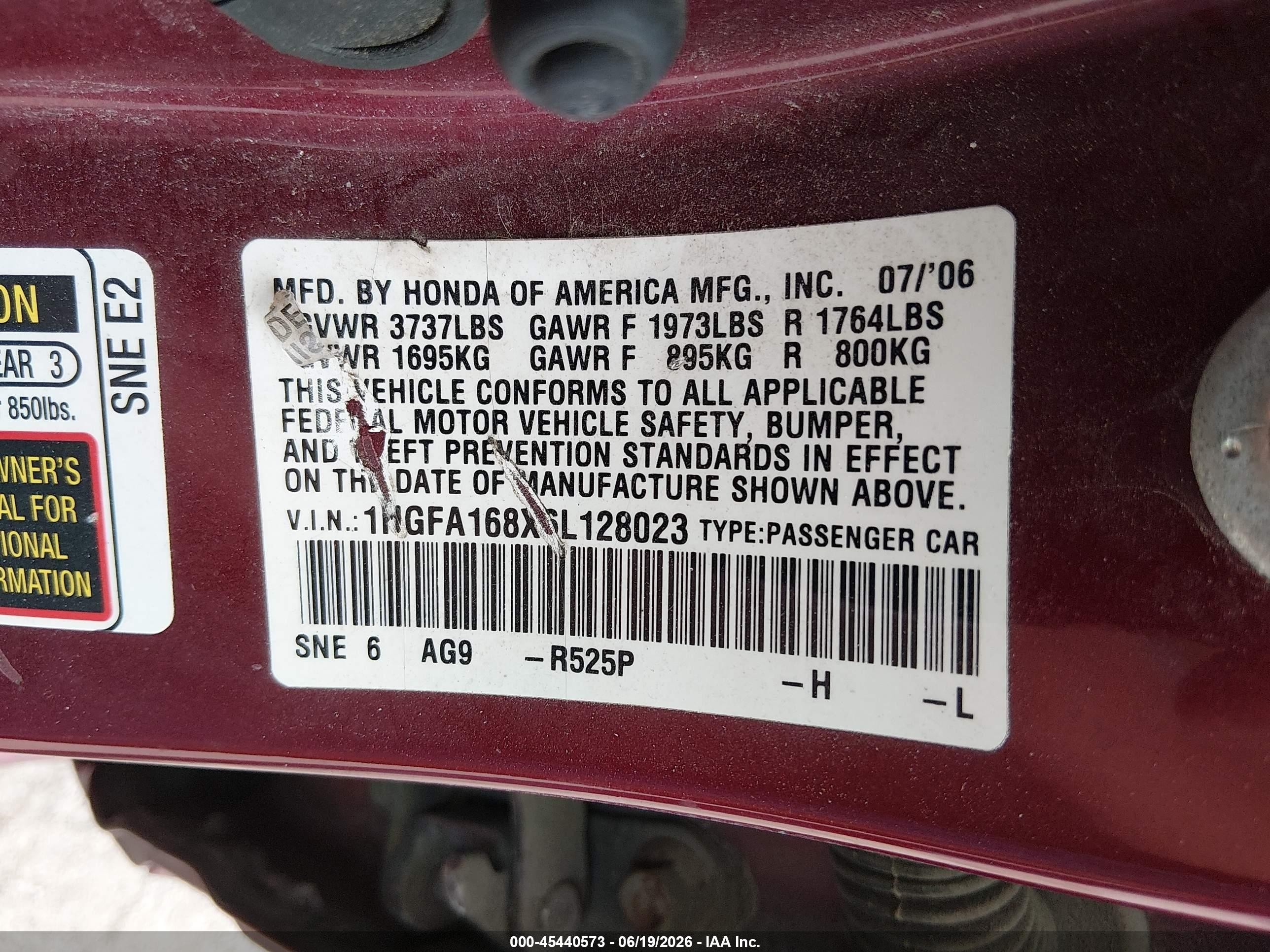 2006 Honda Civic Ex Red vin: 1HGFA168X6L128023