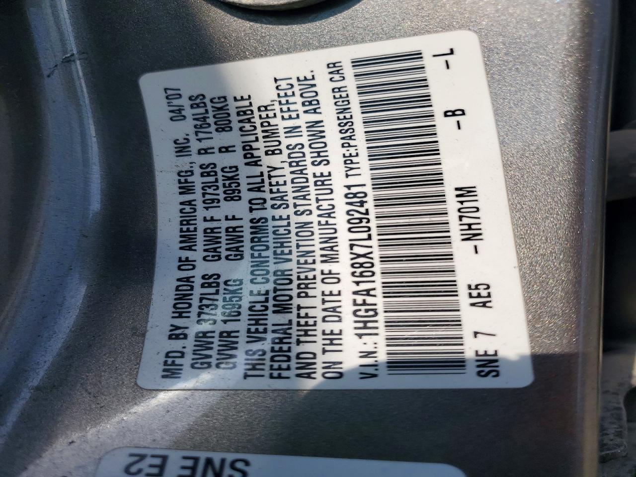 2007 Honda Civic Ex Gray vin: 1HGFA168X7L092481