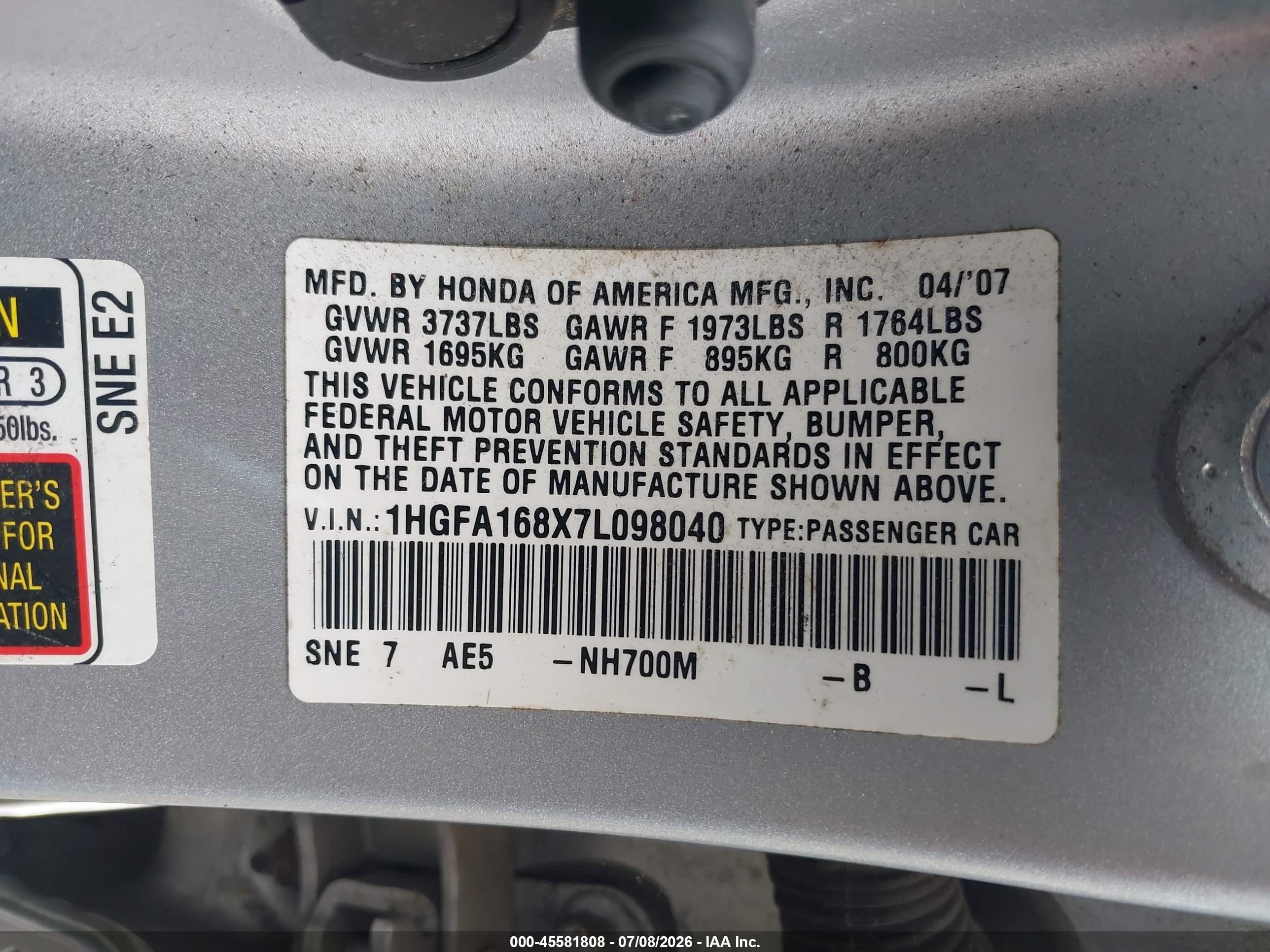 2007 Honda Civic Ex Silver vin: 1HGFA168X7L098040
