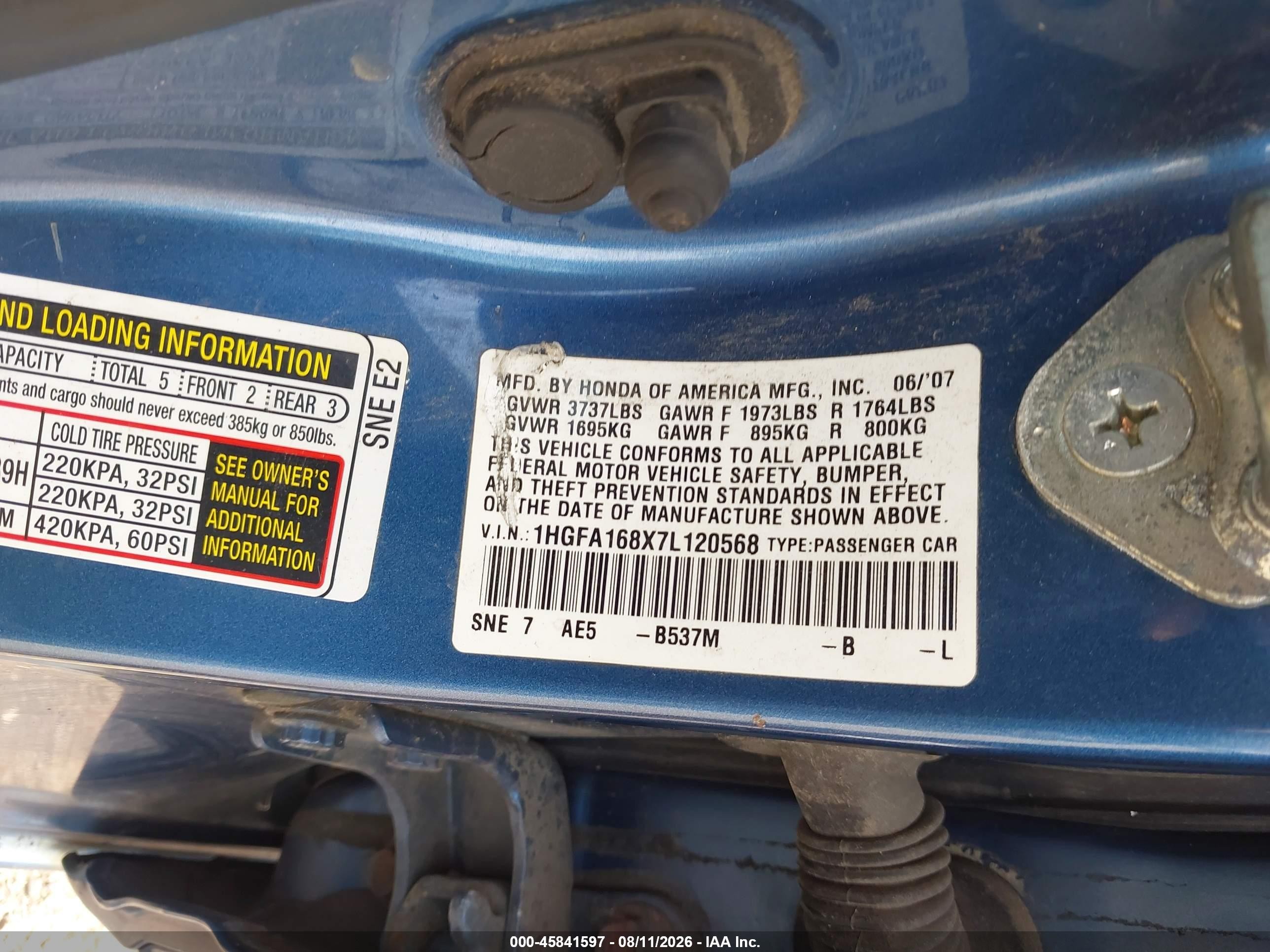 2007 Honda Civic Ex Blue vin: 1HGFA168X7L120568