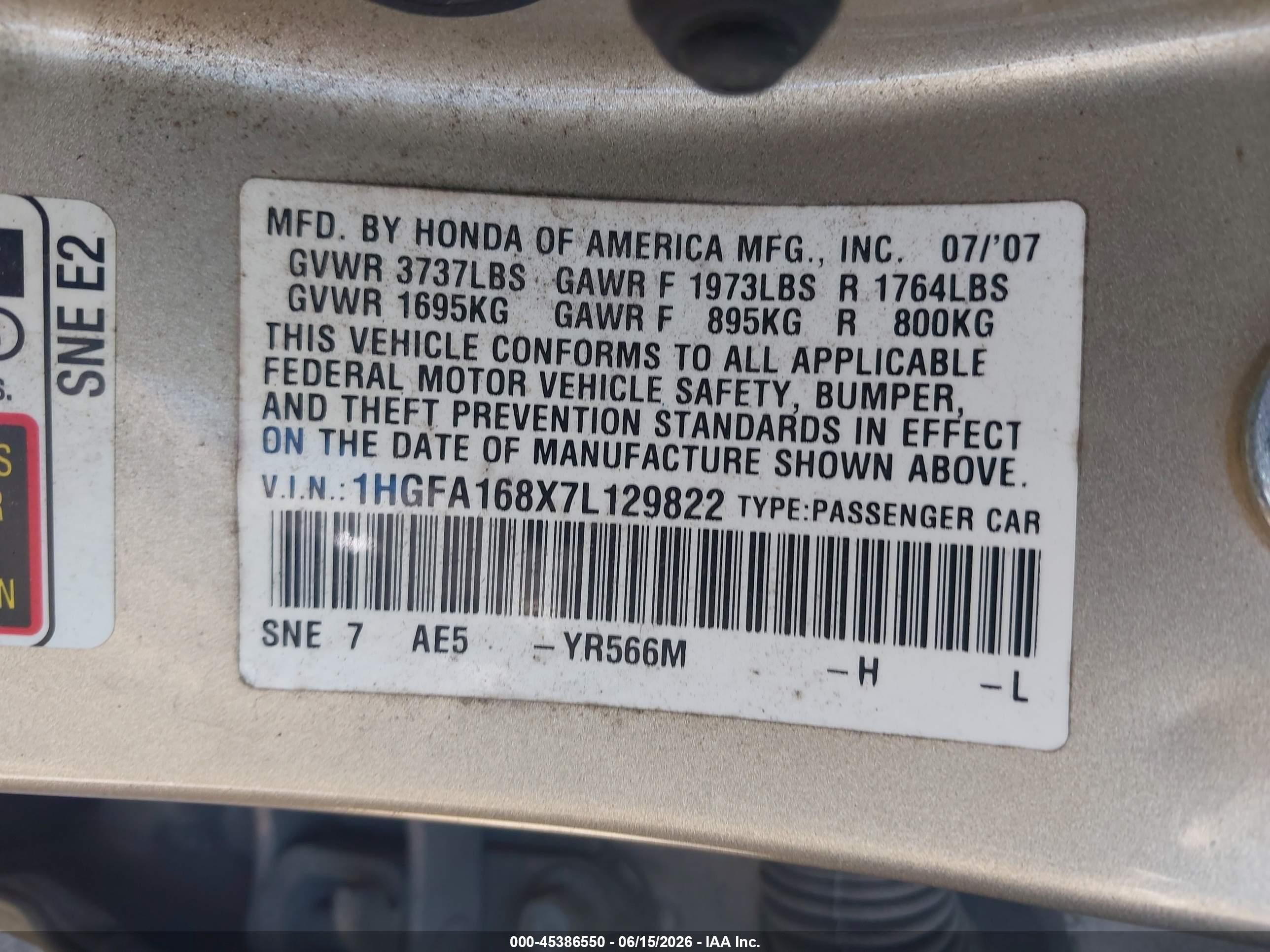 2007 Honda Civic Ex Gold vin: 1HGFA168X7L129822