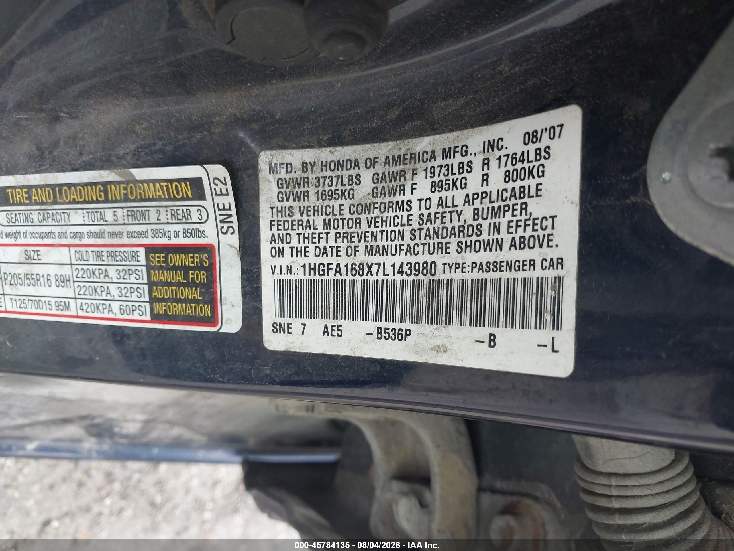 2007 Honda Civic Ex Blue vin: 1HGFA168X7L143980