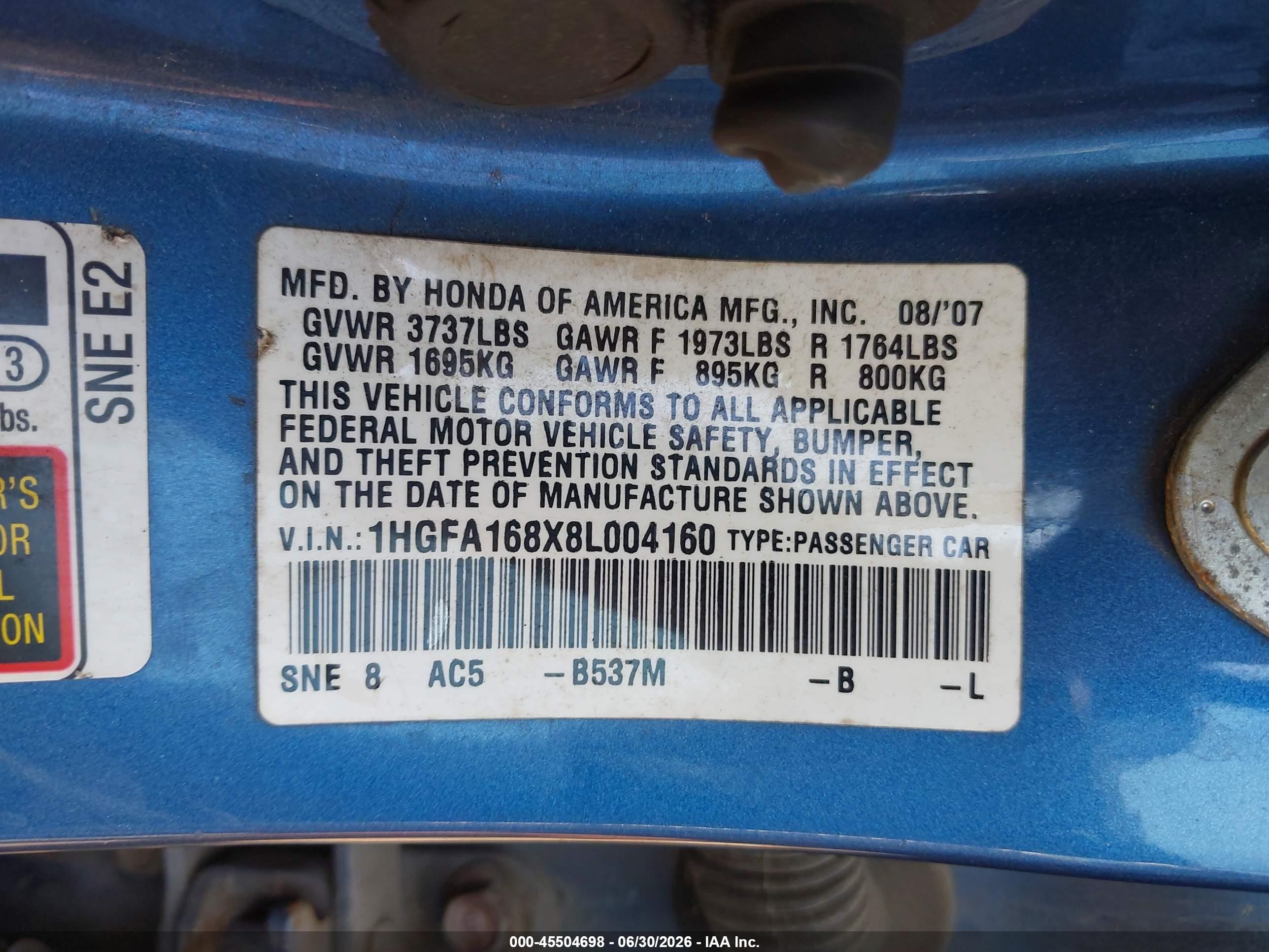 2008 Honda Civic Ex Blue vin: 1HGFA168X8L004160