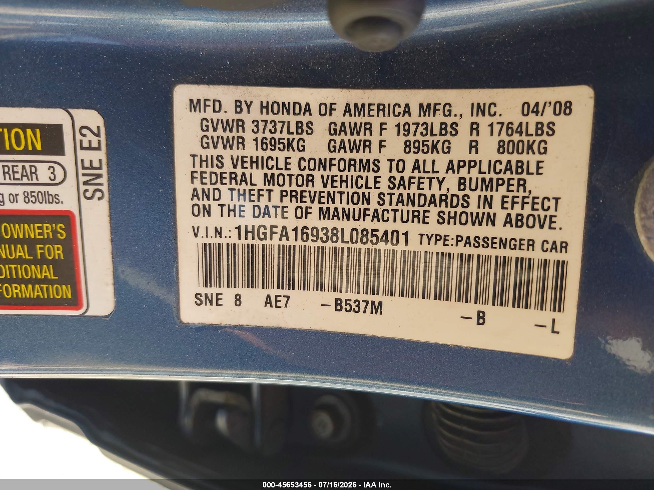 2008 Honda Civic Ex-l Light Blue vin: 1HGFA16938L085401