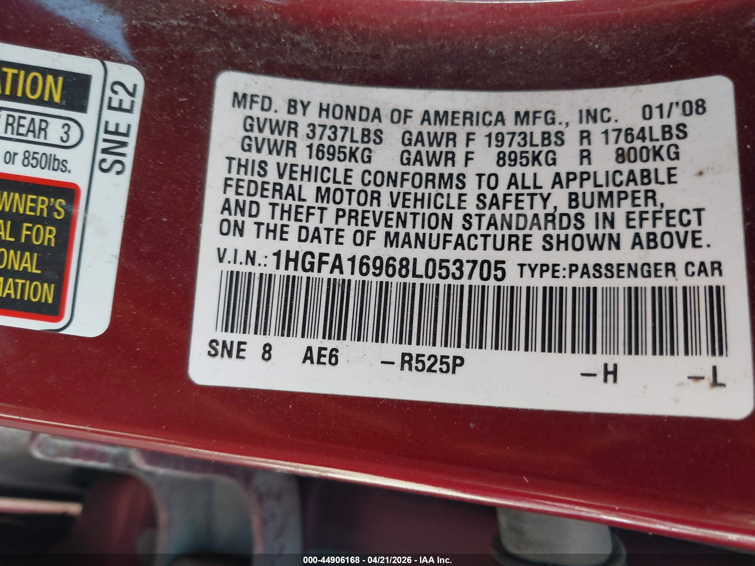 2008 Honda Civic Ex-l Burgundy vin: 1HGFA16968L053705
