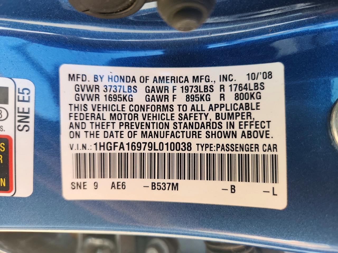 2009 Honda Civic Exl Blue vin: 1HGFA16979L010038