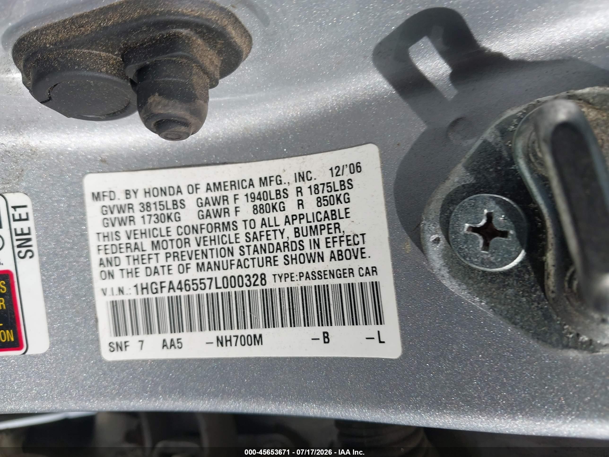 2007 Honda Civic Gx Silver vin: 1HGFA46557L000328