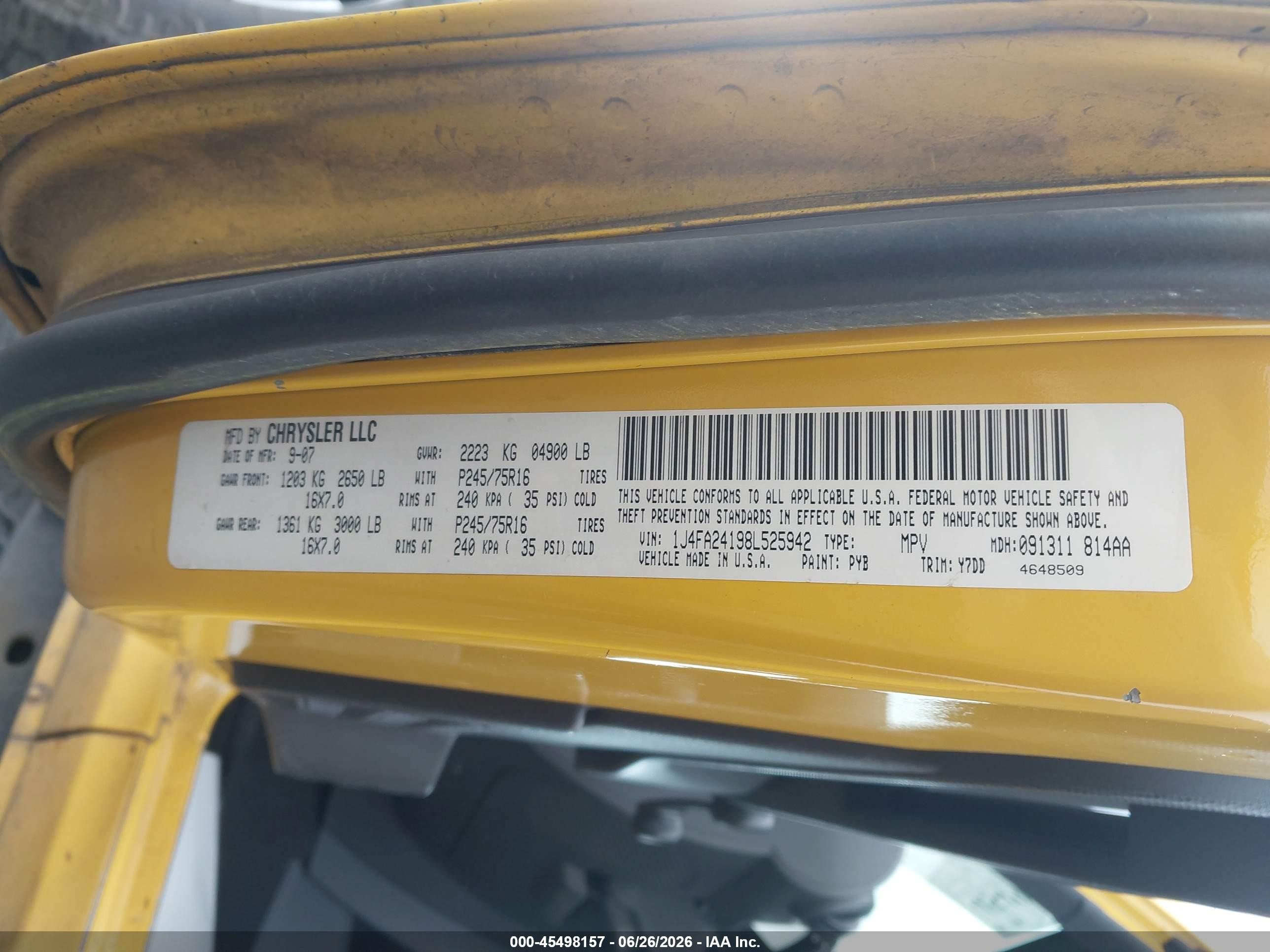 2008 Jeep Wrangler X Yellow vin: 1J4FA24198L525942