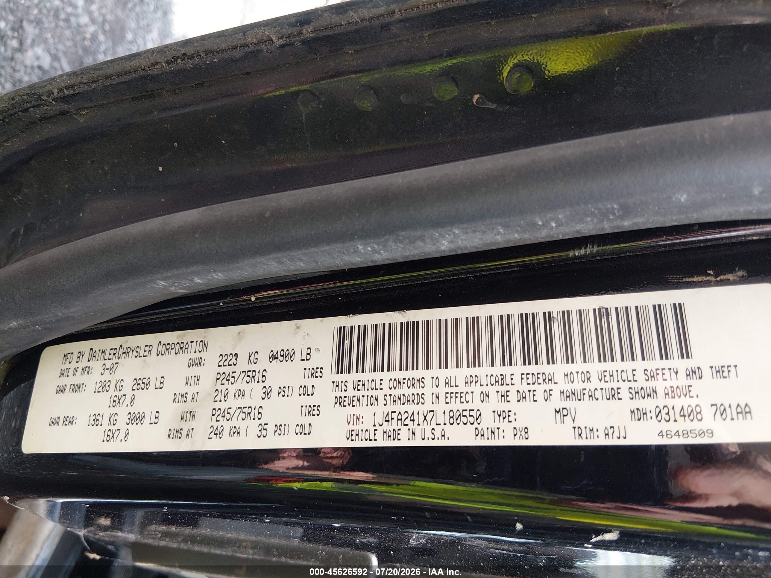 2007 Jeep Wrangler X Black vin: 1J4FA241X7L180550